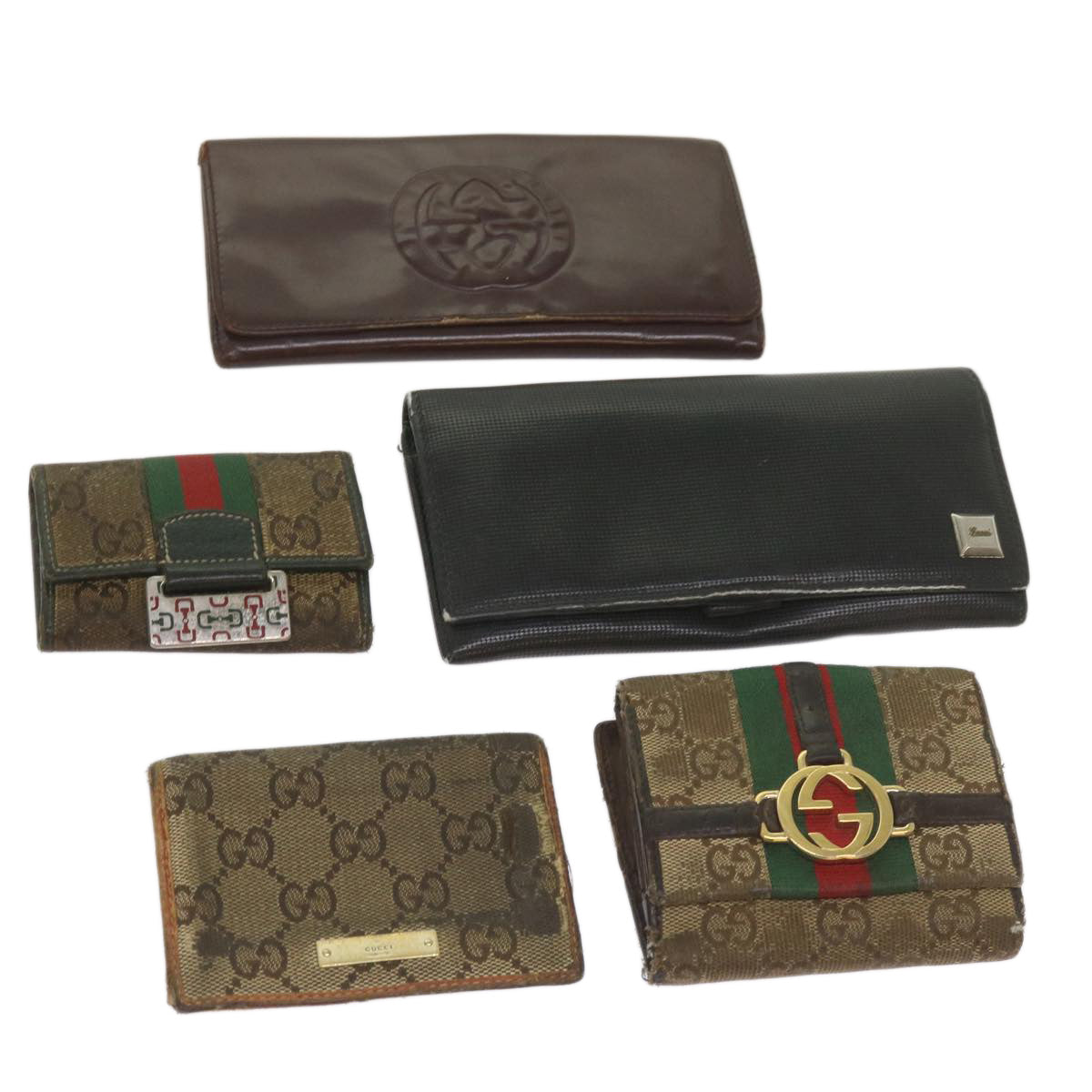 GUCCI GG Canvas Web Sherry Line Wallet Leather 5Set Beige Black Auth ti1560