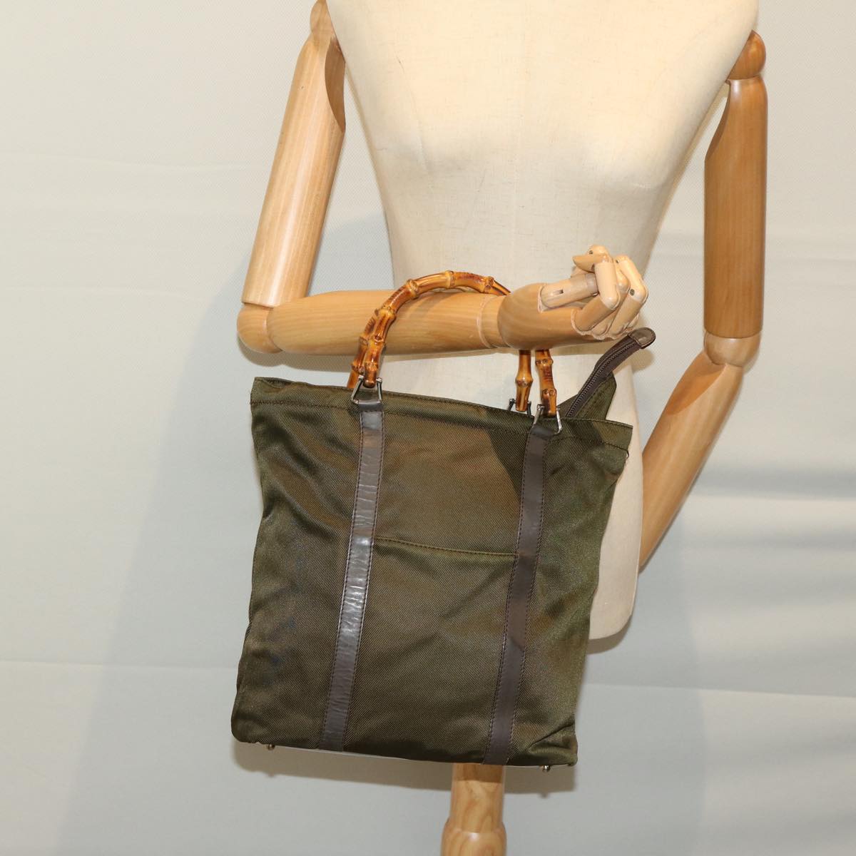 GUCCI Bamboo Hand Bag Nylon Khaki 000 1998 Auth ti1564