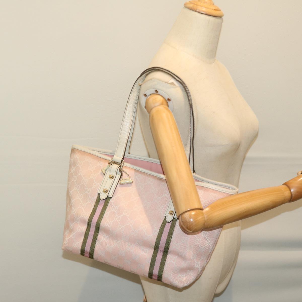 GUCCI GG Canvas Sherry Line Hand Bag Khaki Pink 137396 Auth ti1565