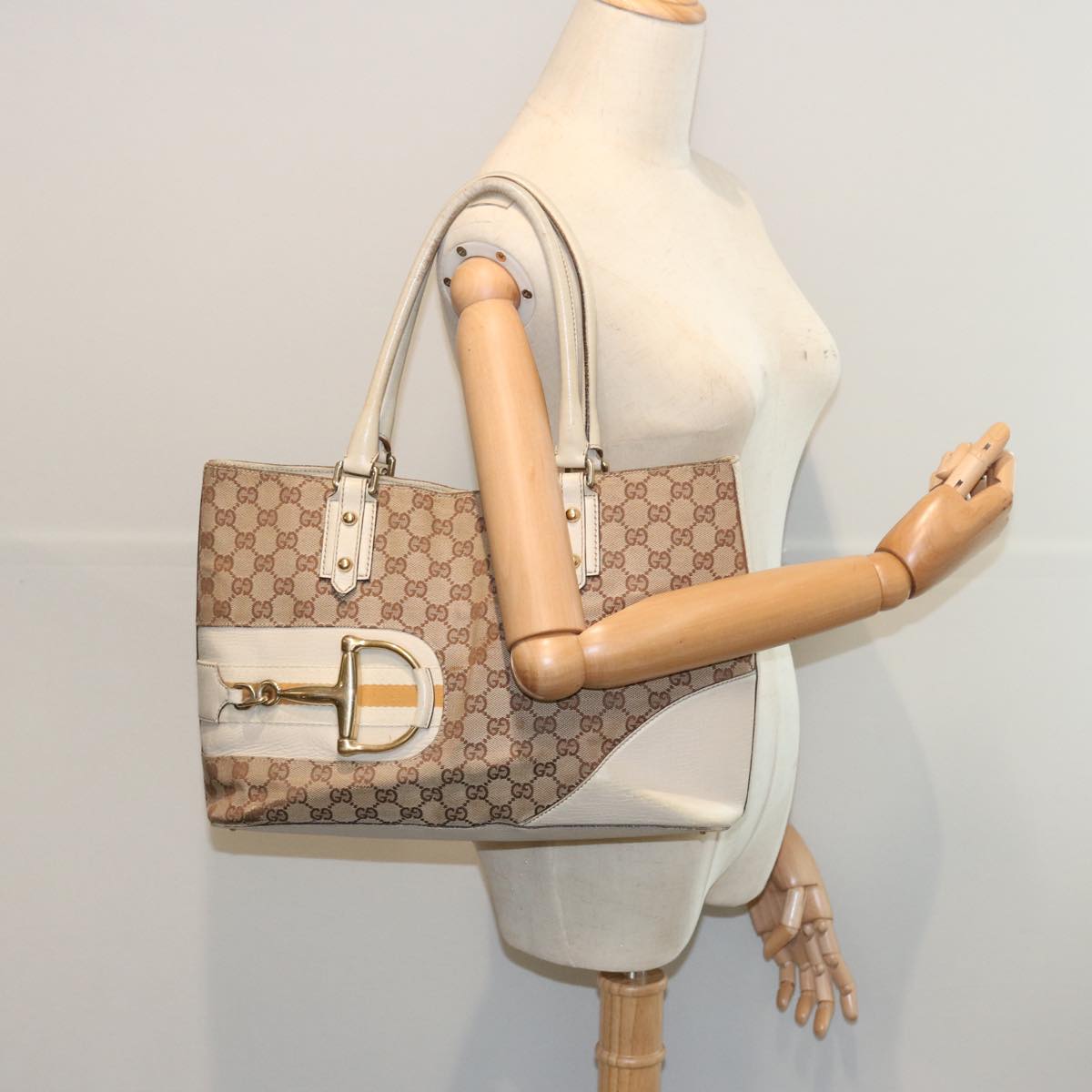 GUCCI GG Canvas Sherry Line Tote Bag White Beige 137385 Auth ti1566