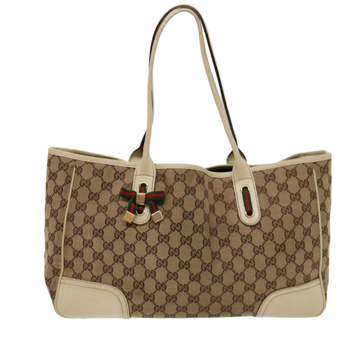 GUCCI GG Canvas Web Sherry Line Tote Bag Beige Red Green 163805 Auth ti1578