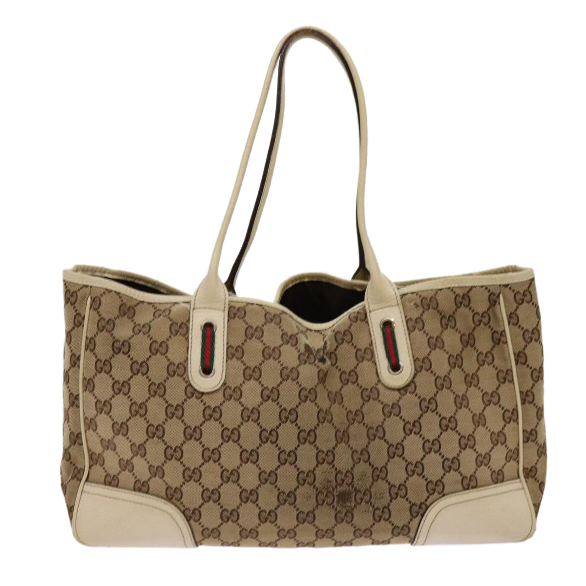 GUCCI GG Canvas Web Sherry Line Tote Bag Beige Red Green 163805 Auth ti1578