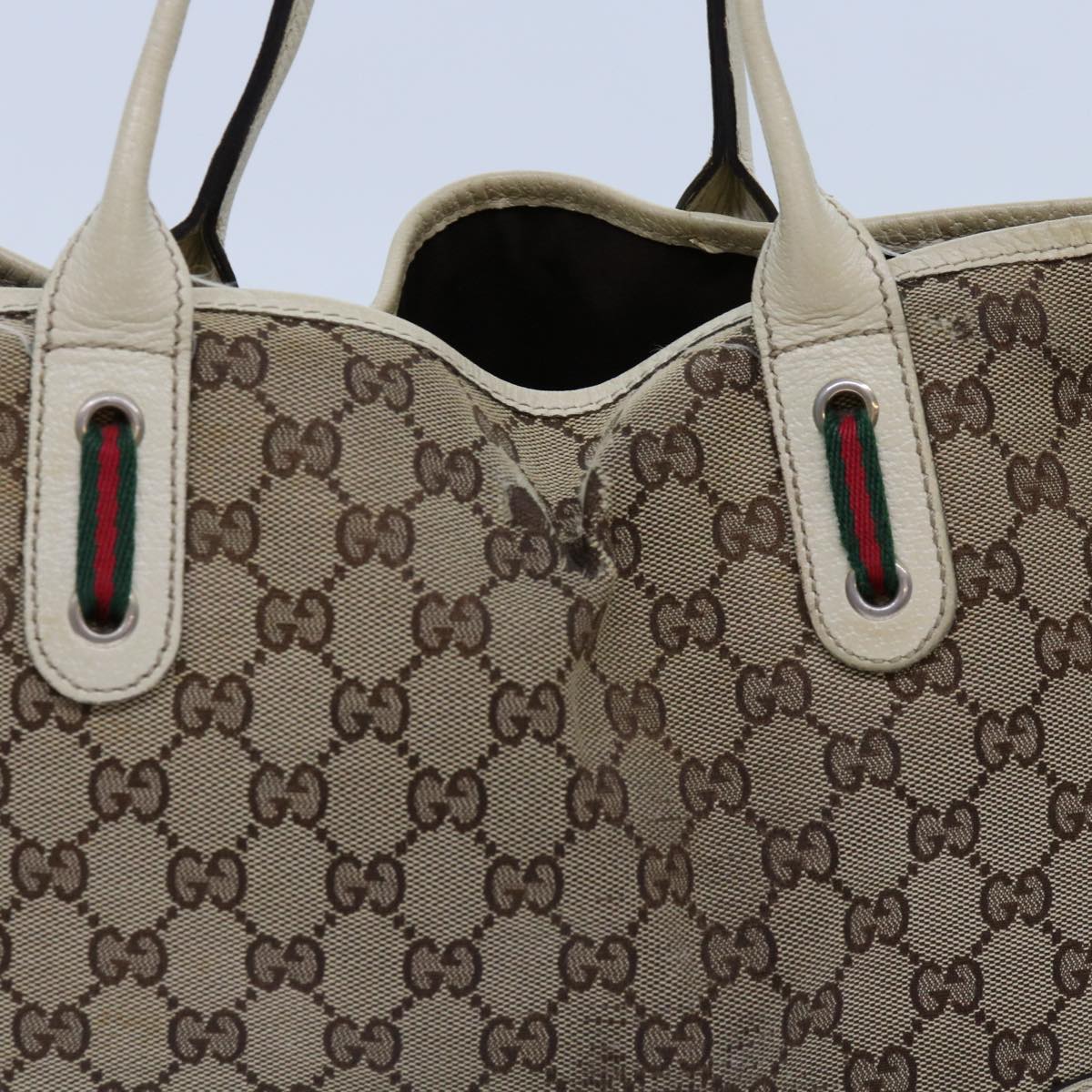 GUCCI GG Canvas Web Sherry Line Tote Bag Beige Red Green 163805 Auth ti1578