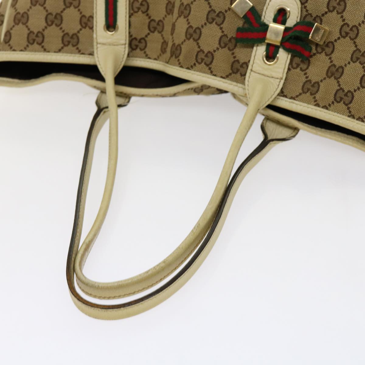 GUCCI GG Canvas Web Sherry Line Tote Bag Beige Red Green 163805 Auth ti1578