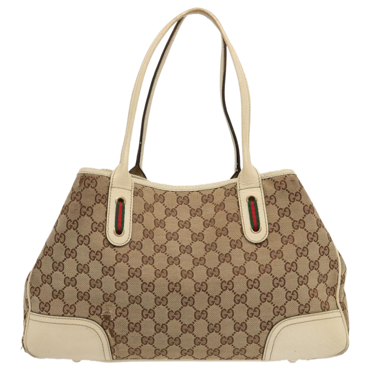 GUCCI GG Canvas Web Sherry Line Pretty Tote Bag Beige Red 163805 Auth ti1626