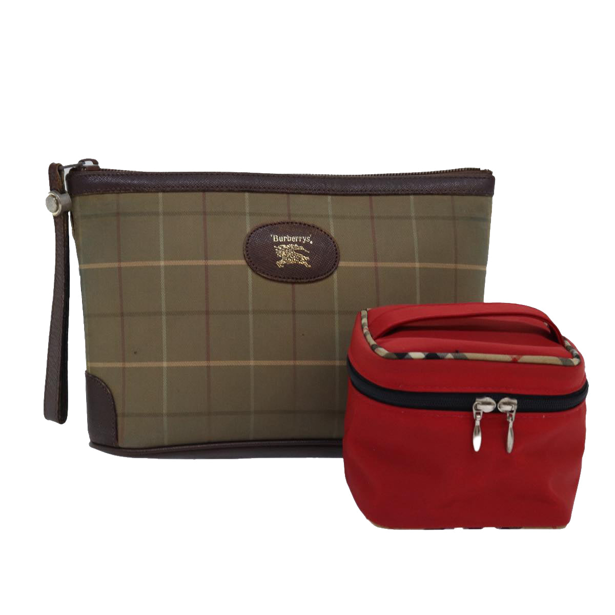 Burberrys Nova Check Pouch Canvas 2Set Beige Red Auth ti1828