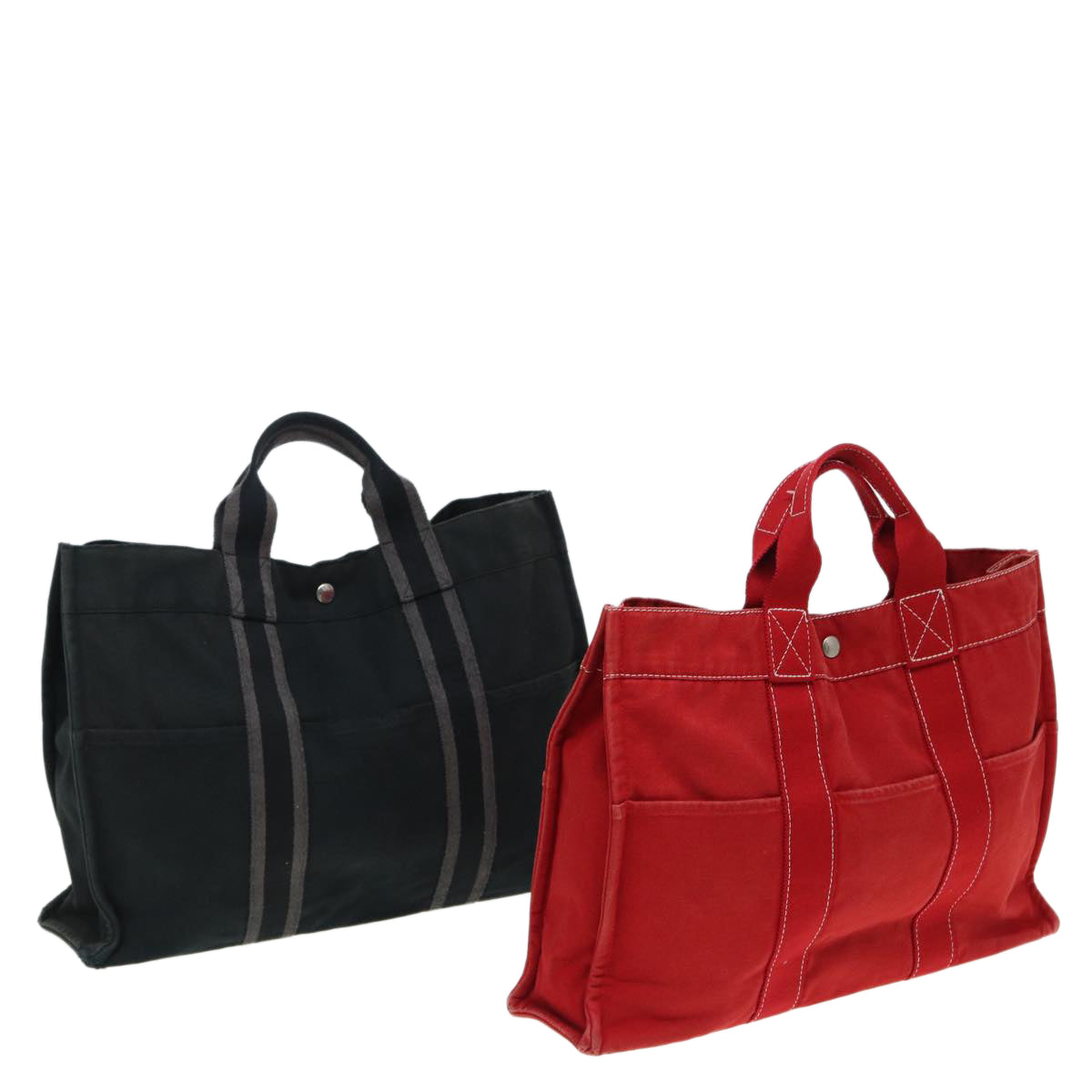 HERMES Hand Bag Canvas 2Set Black Red Auth ti1851