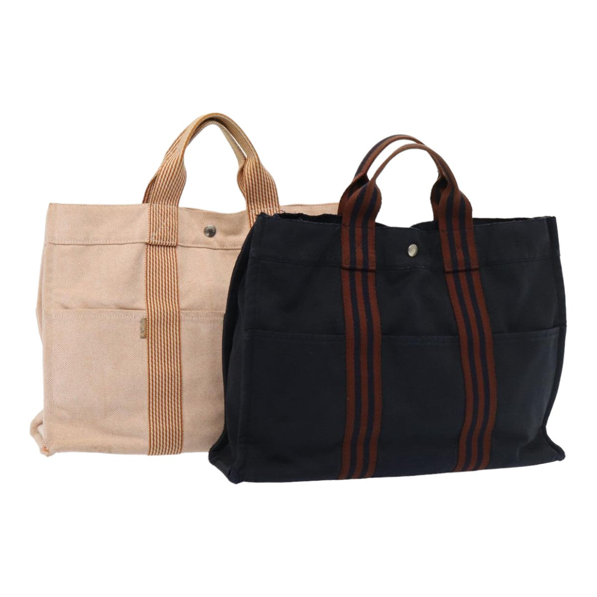 HERMES Hand Bag Canvas 2Set Navy Beige Auth ti1907