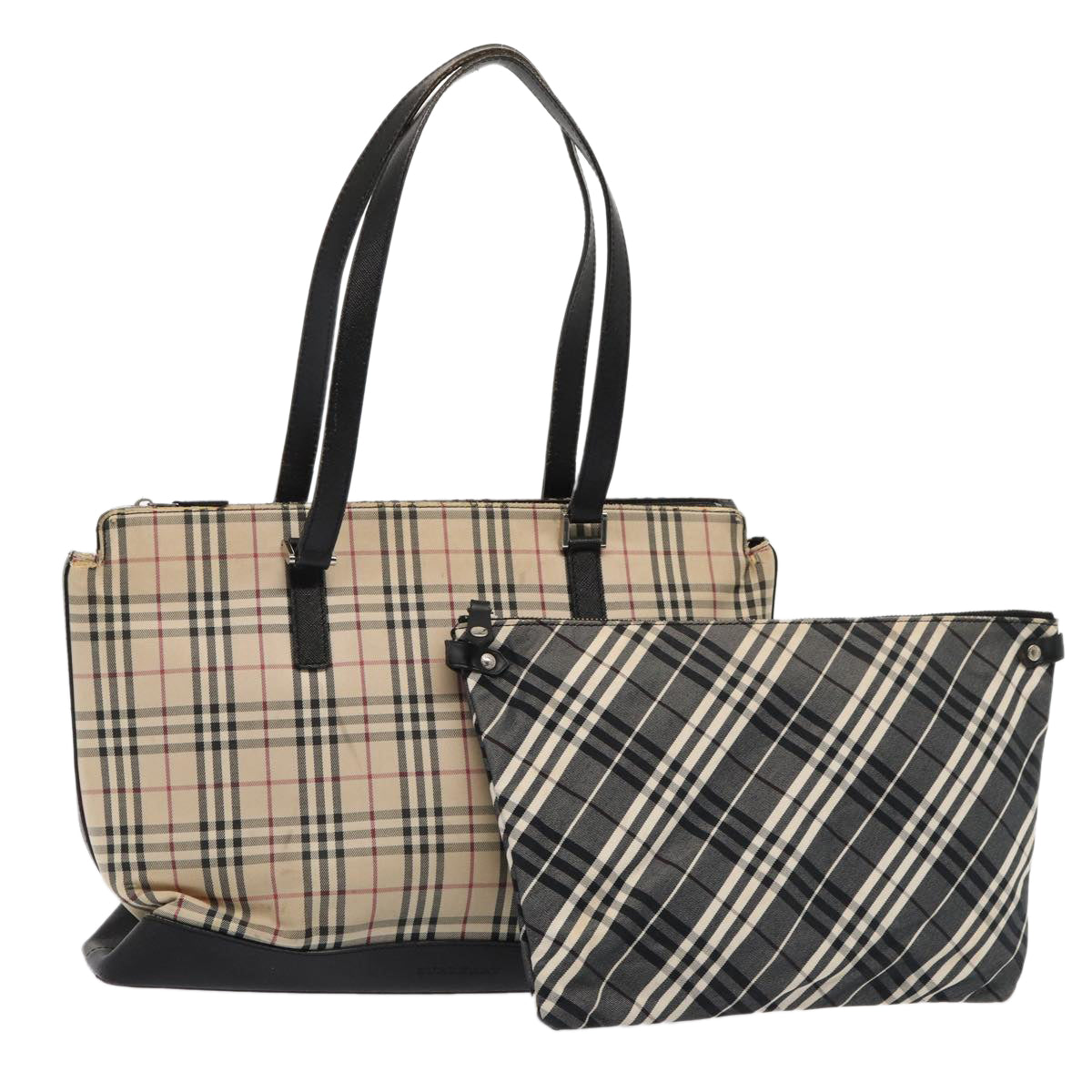 BURBERRY Nova Check Hand Bag Canvas Leather 2Set Beige Black Auth ti1939