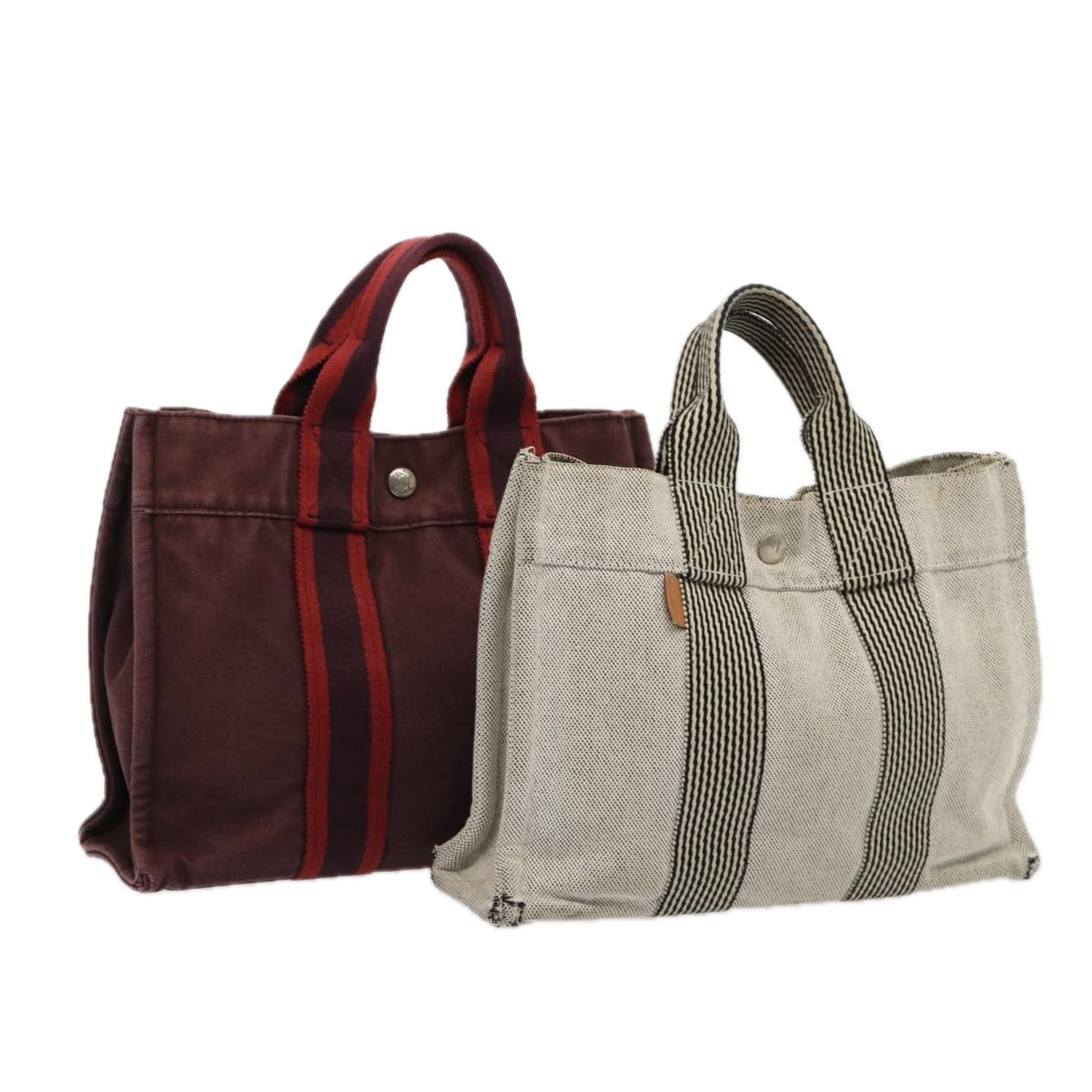 HERMES Fourre Tout Hand Bag Canvas 2Set Wine Red Gray Auth ti1974