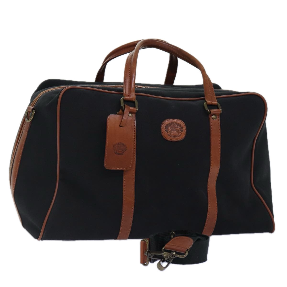 Burberrys Boston Bag Canvas Black Brown Auth ti1981