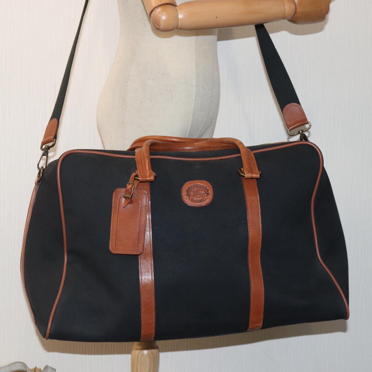 Burberrys Boston Bag Canvas Black Brown Auth ti1981