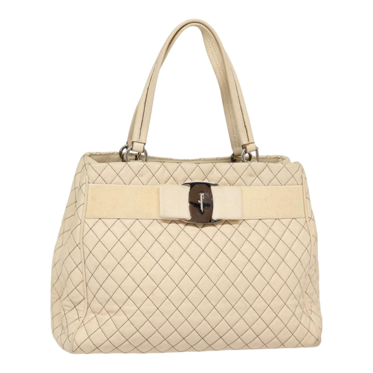 Salvatore Ferragamo Hand Bag Leather Beige Silver Auth ti2009