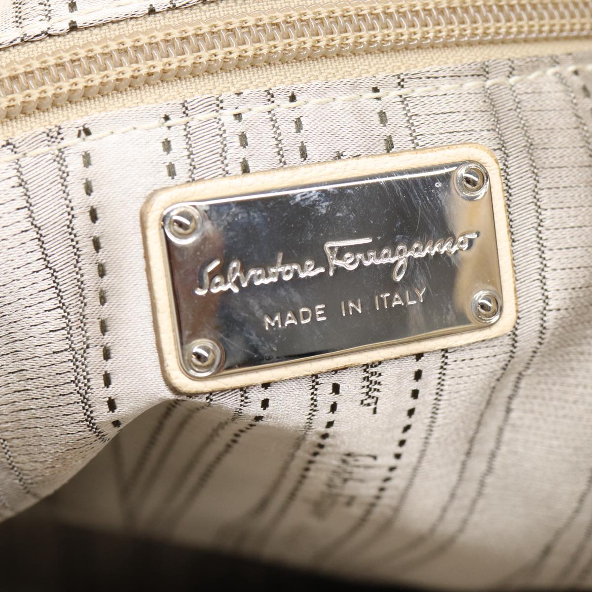 Salvatore Ferragamo Hand Bag Leather Beige Silver Auth ti2009