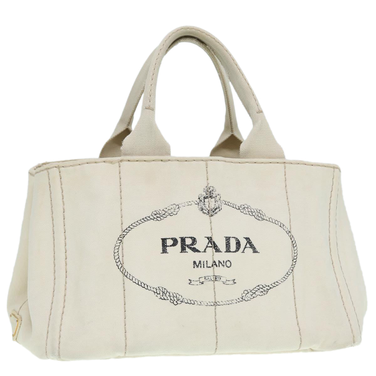 PRADA Canapa MM Hand Bag Canvas White Gold Auth ti2020