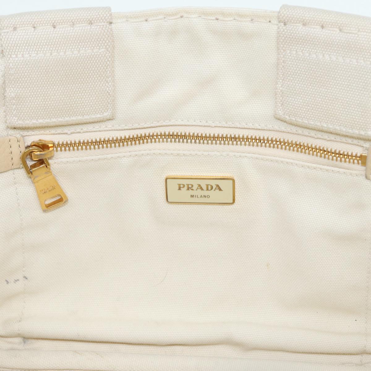 PRADA Canapa MM Hand Bag Canvas White Gold Auth ti2020