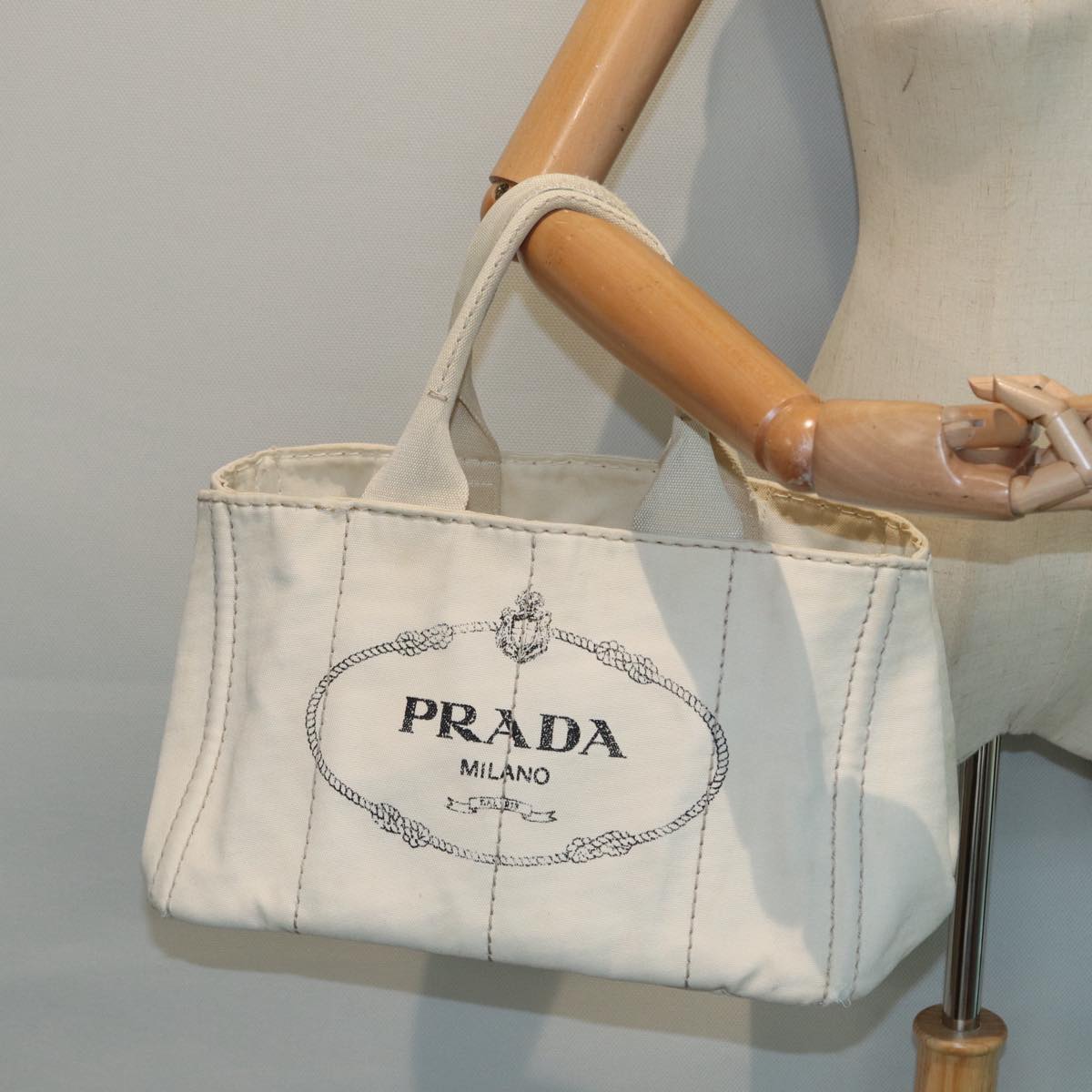 PRADA Canapa MM Hand Bag Canvas White Gold Auth ti2020