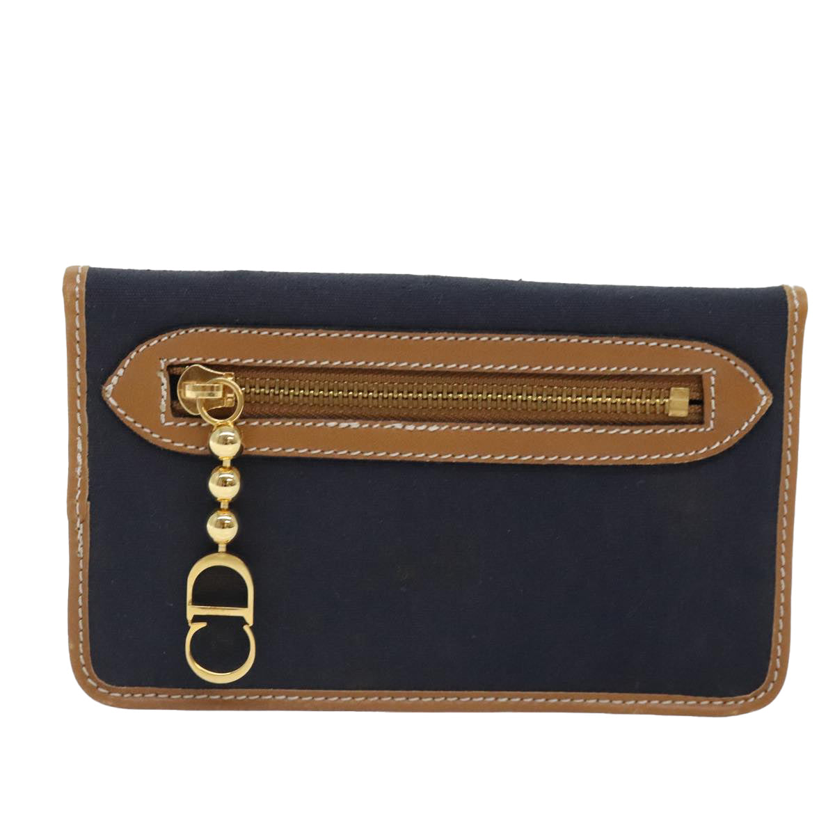 Christian Dior Pouch Canvas Navy Gold Auth ti2080