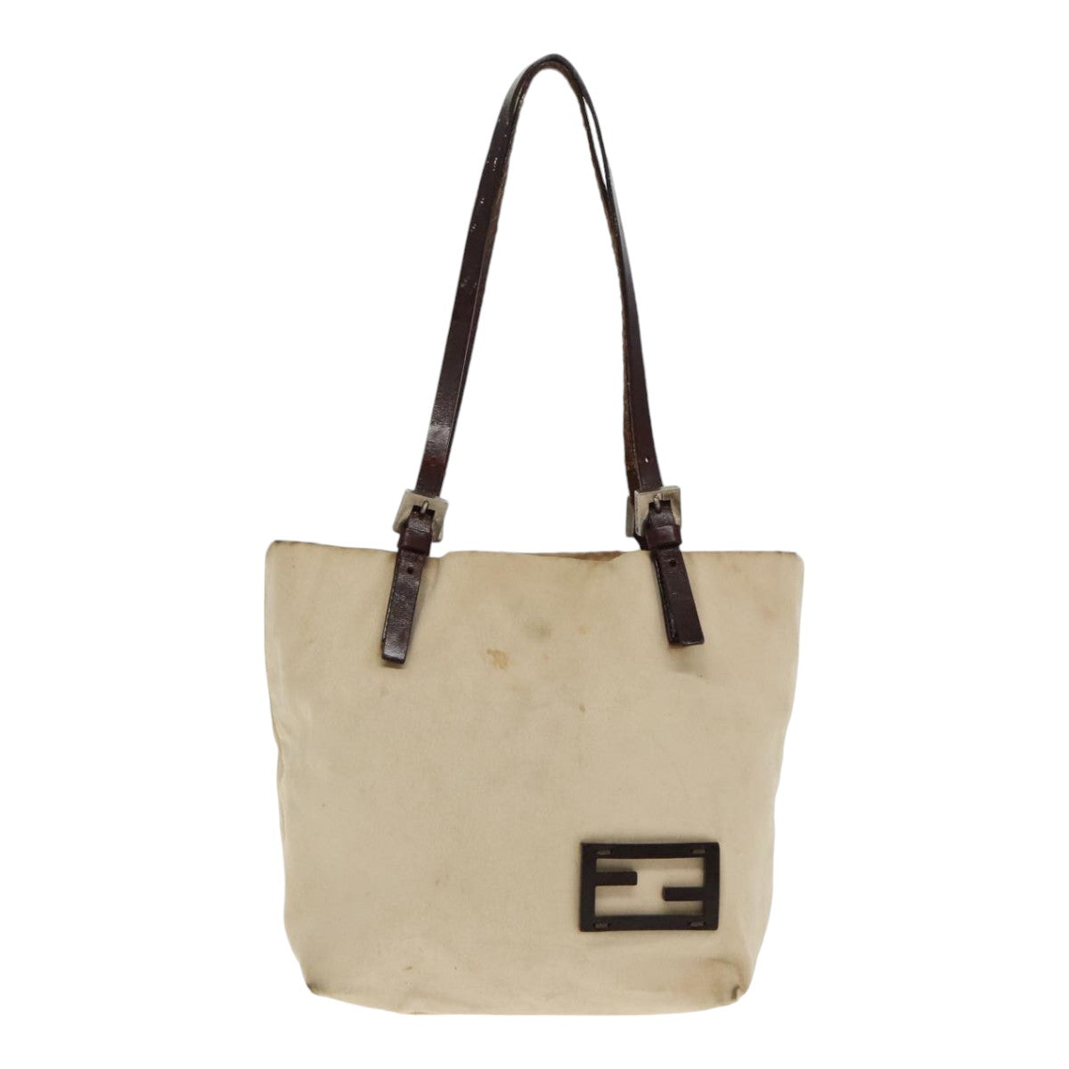 FENDI Hand Bag Canvas Leather Beige Brown Silver Auth ti2134