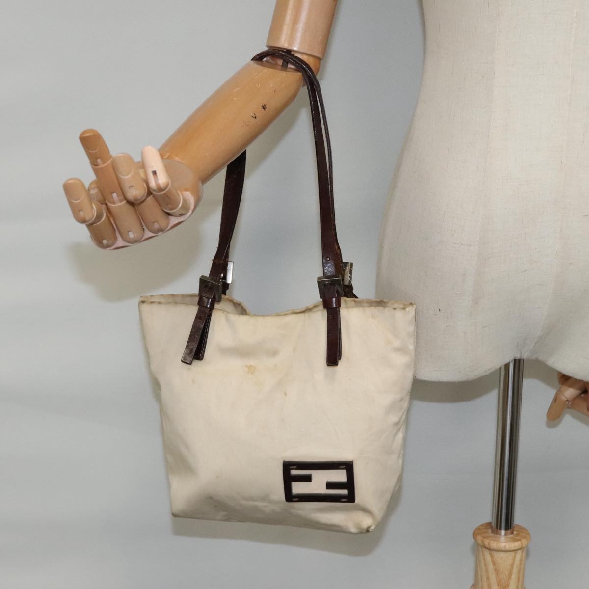 FENDI Hand Bag Canvas Leather Beige Brown Silver Auth ti2134