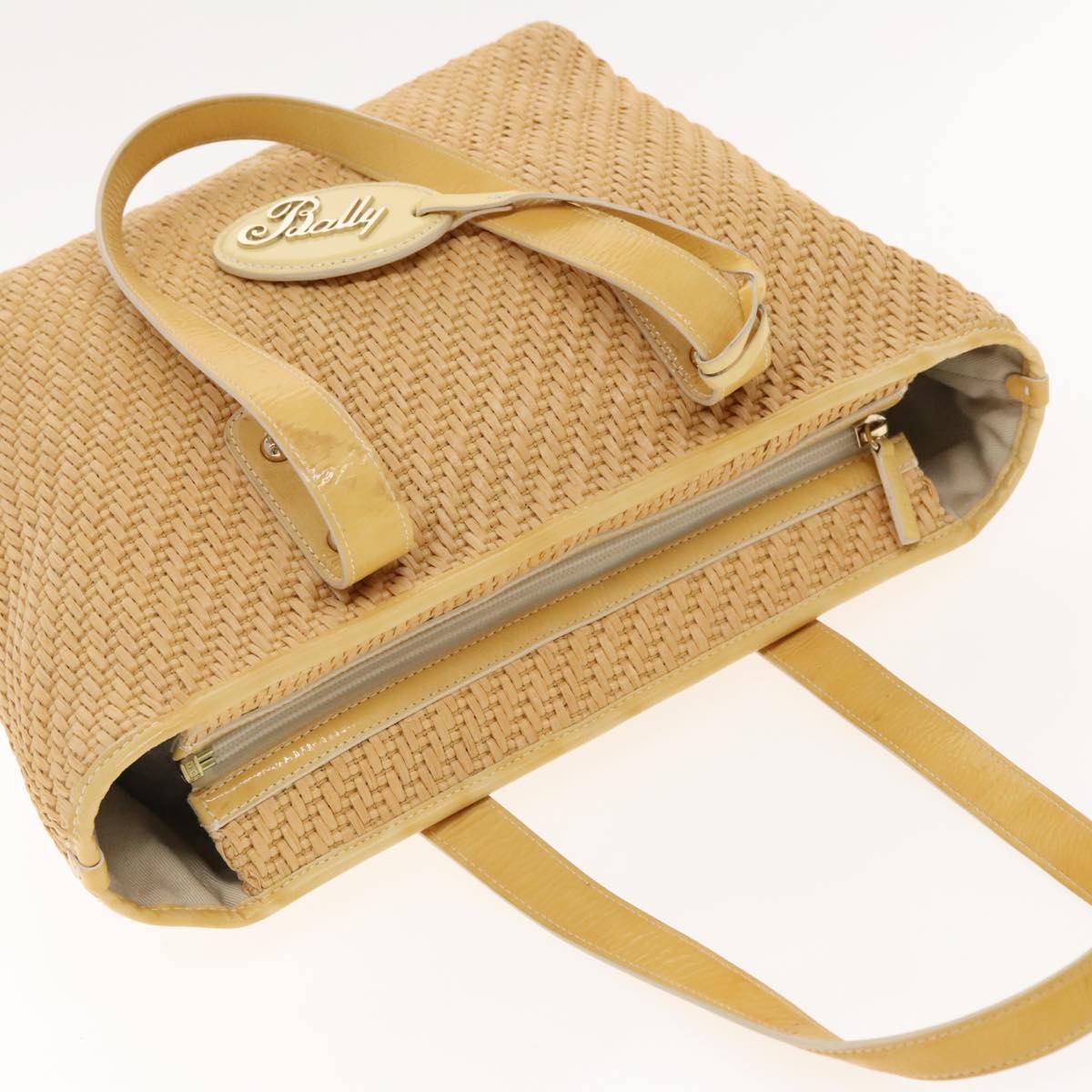 BALLY Tote Bag Raffia Leather Beige Yellow Gold Auth ti2146