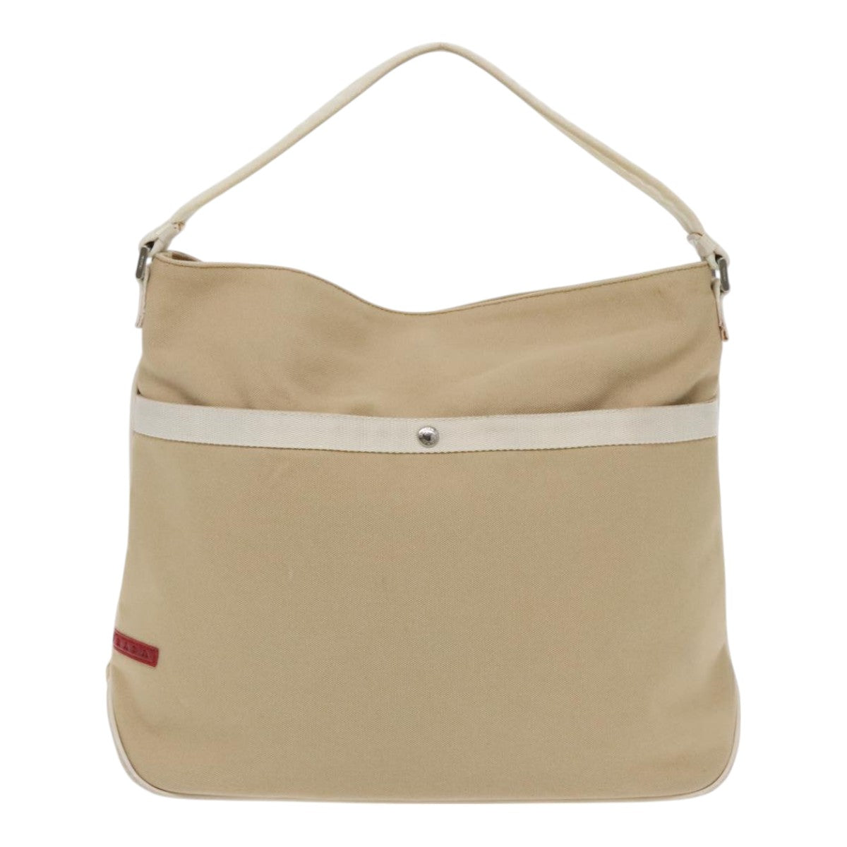 PRADA Hand Bag Canvas Leather Beige White Silver Auth ti2152