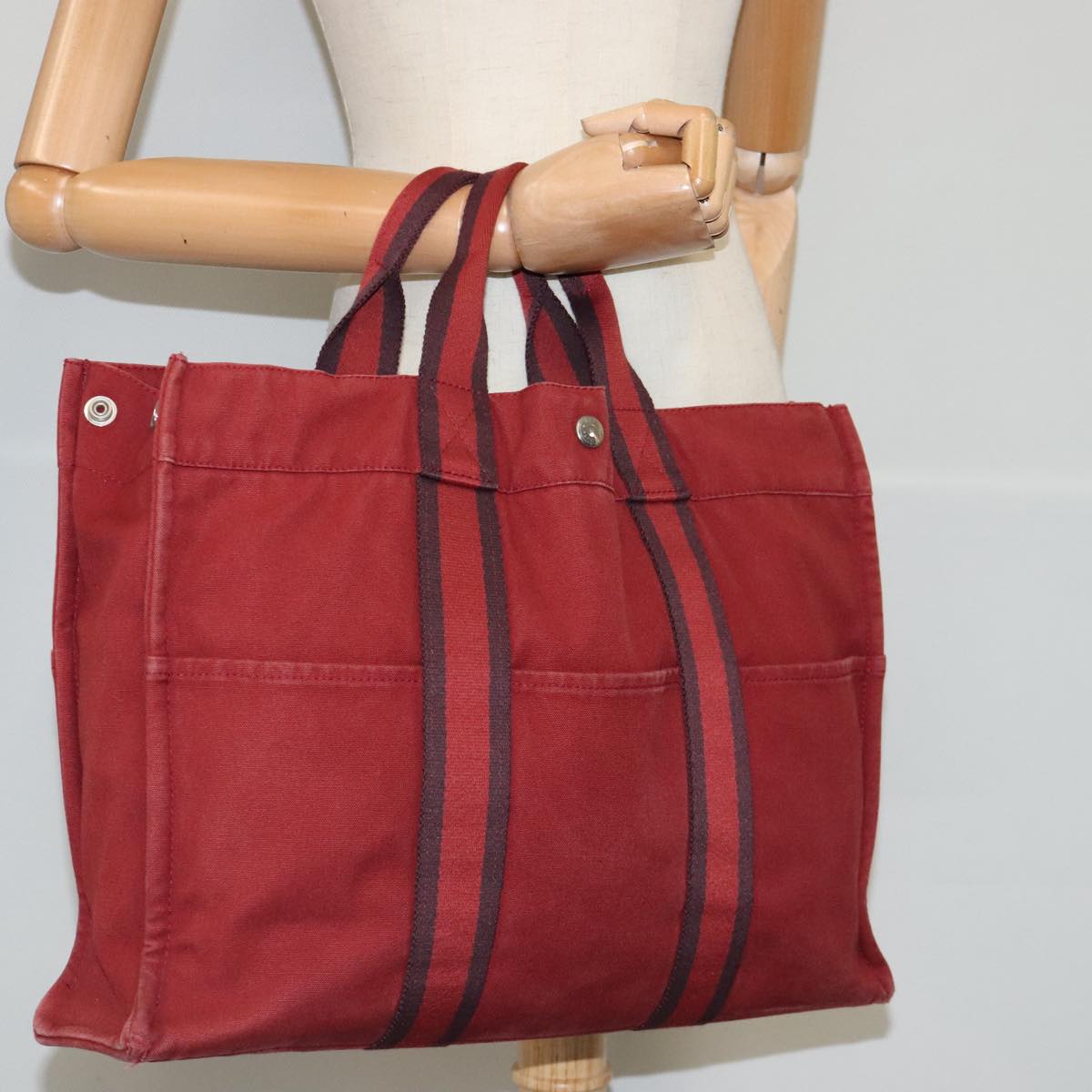 HERMES Fourre Tout MM Tote Bag Canvas Red Silver Auth ti2158