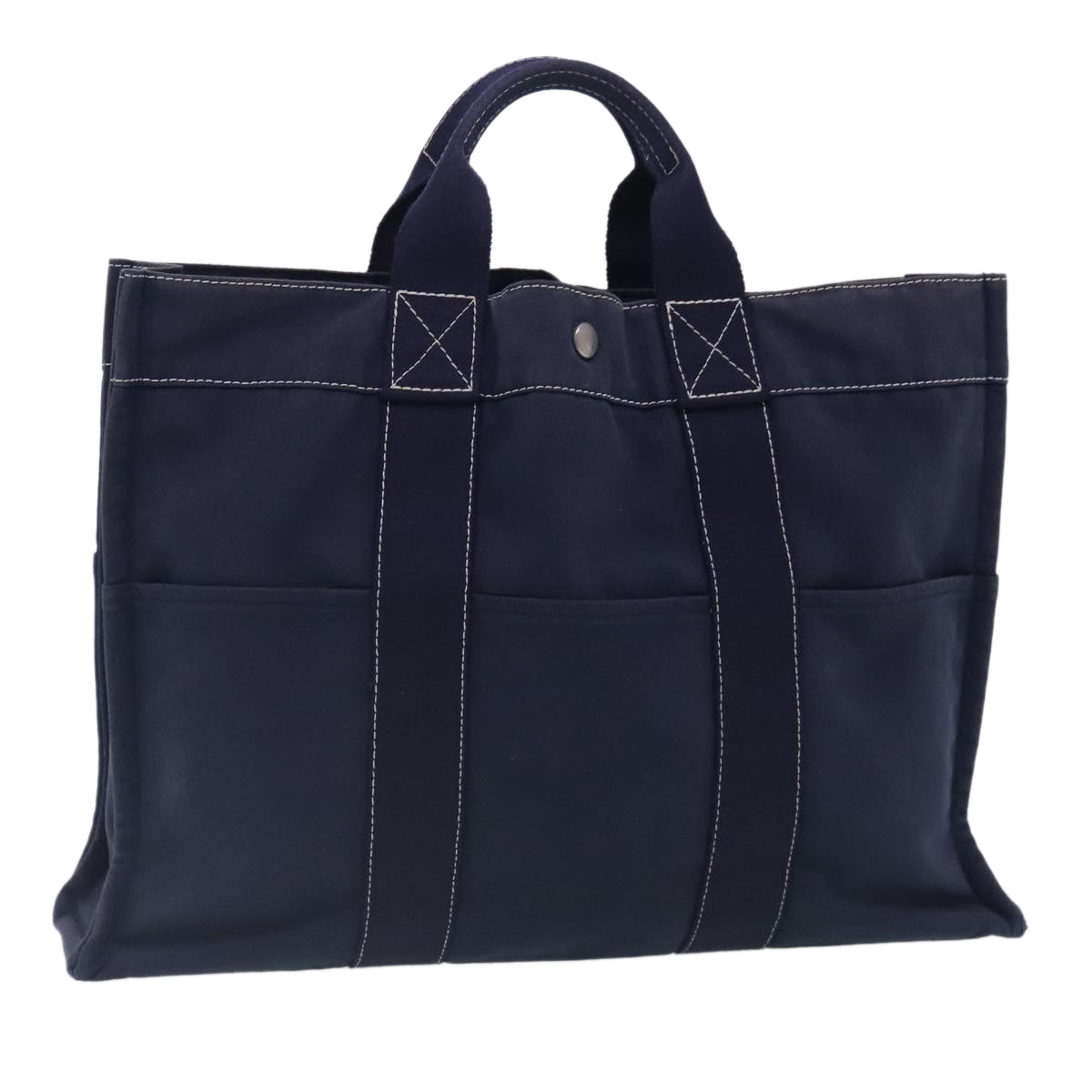 HERMES Fourre Tout Deauville MM Tote Bag Canvas Navy Silver Auth ti2160