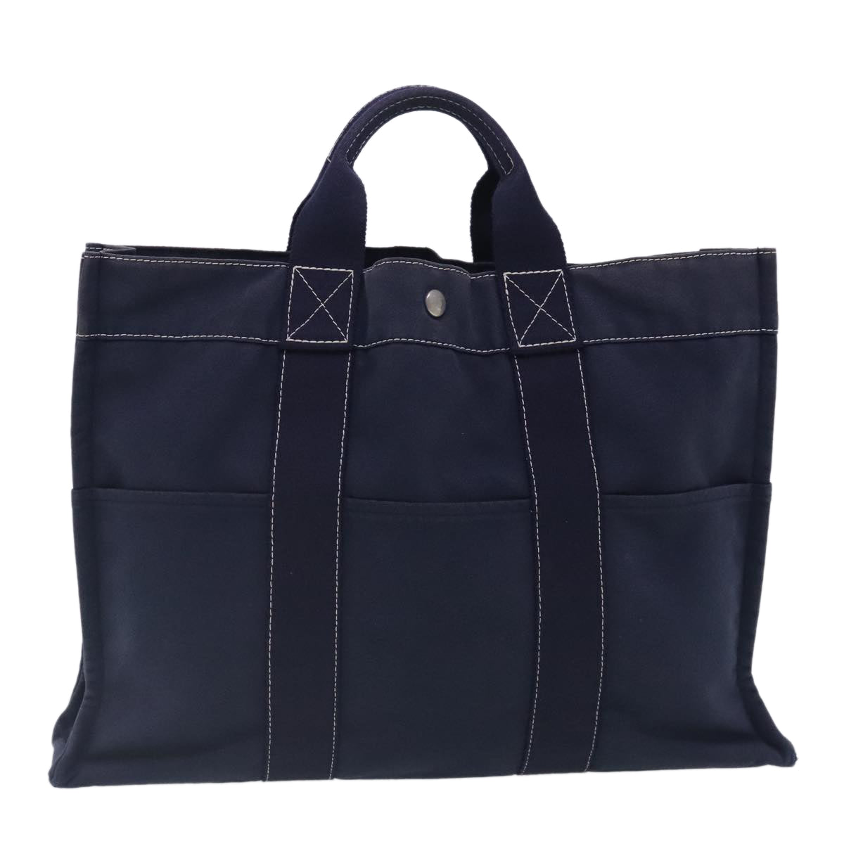 HERMES Fourre Tout Deauville MM Tote Bag Canvas Navy Silver Auth ti2160