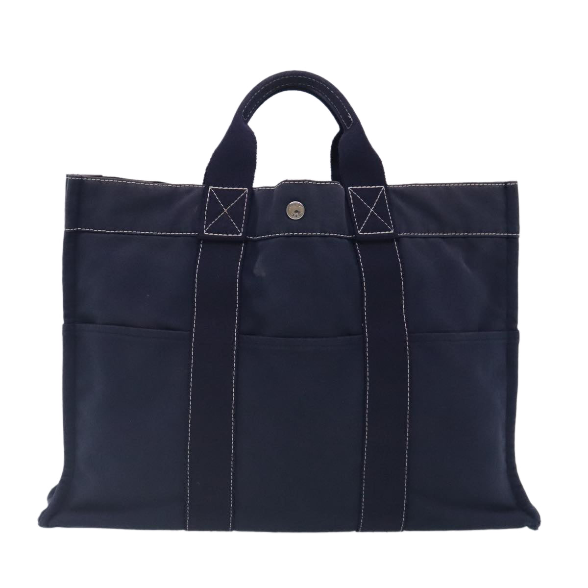 HERMES Fourre Tout Deauville MM Tote Bag Canvas Navy Silver Auth ti2160