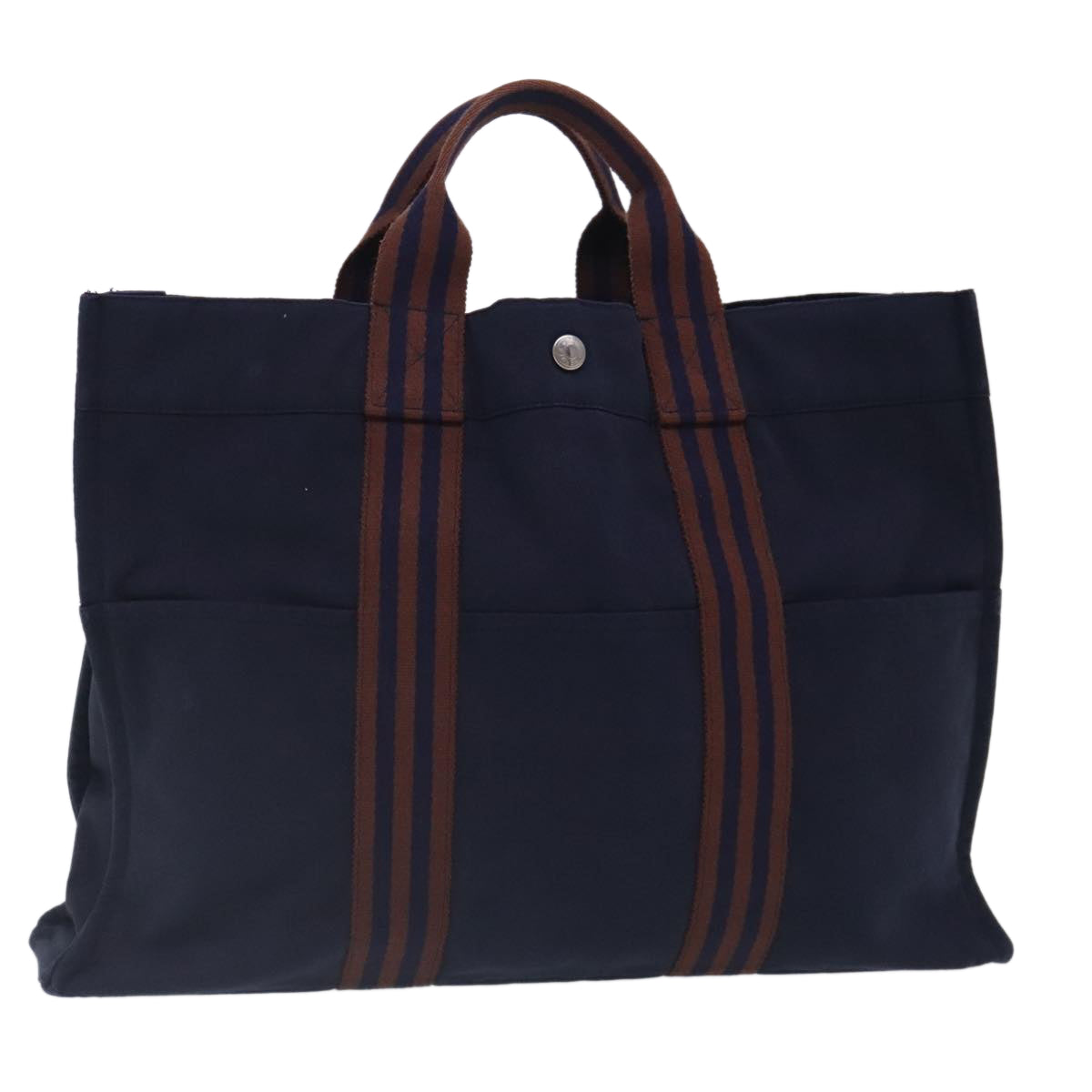 HERMES Tote Bag Canvas Navy Brown Silver Auth ti2161