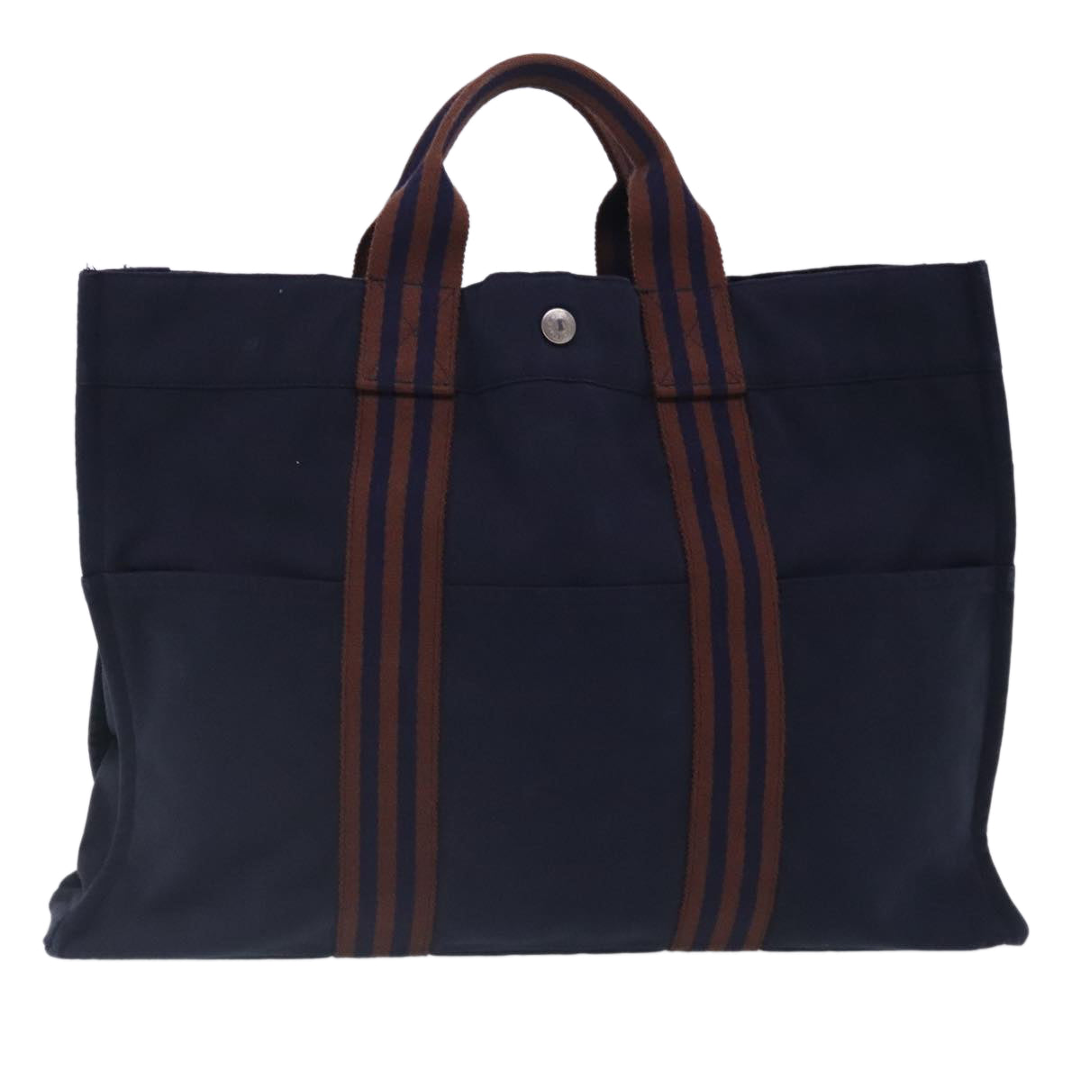 HERMES Tote Bag Canvas Navy Brown Silver Auth ti2161