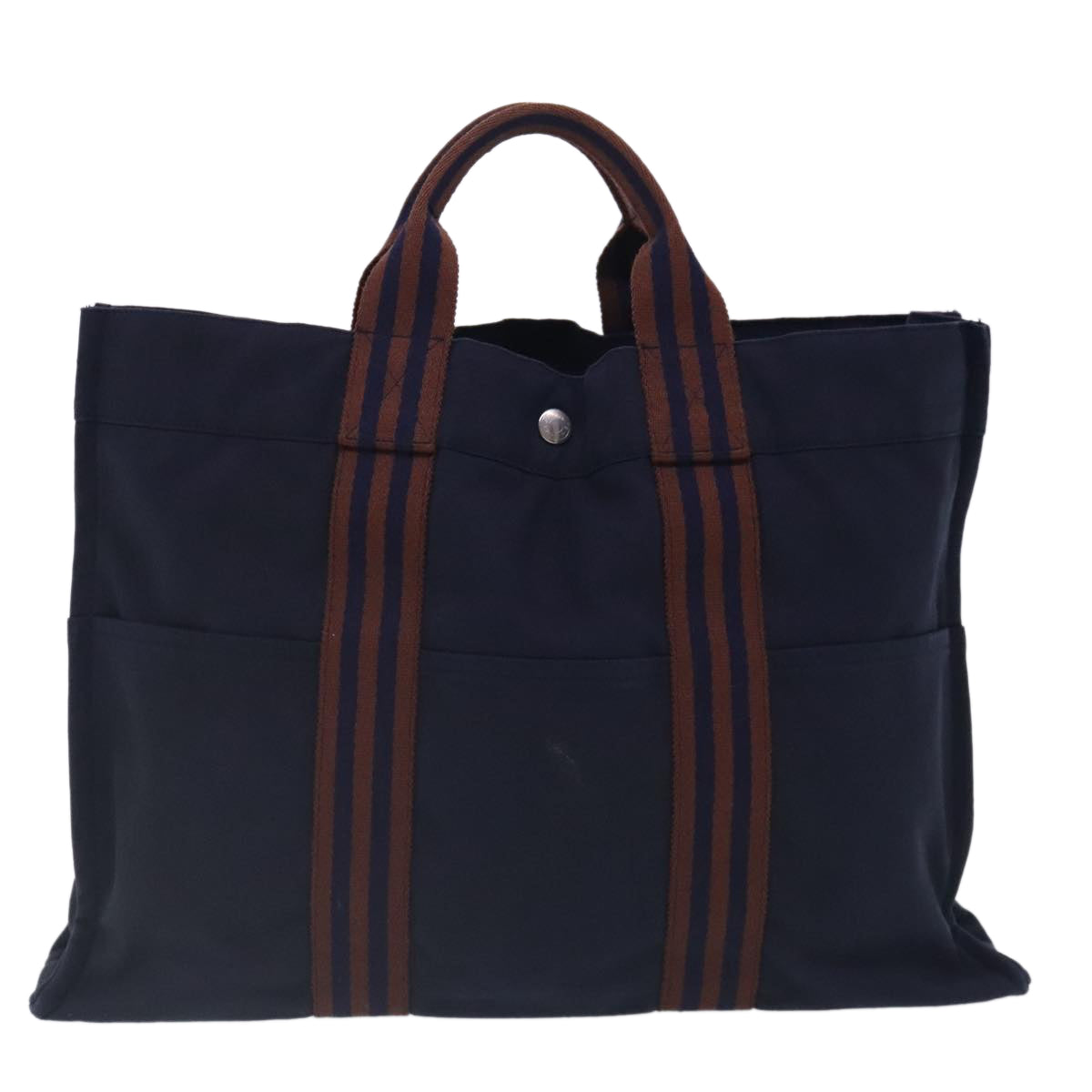 HERMES Tote Bag Canvas Navy Brown Silver Auth ti2161