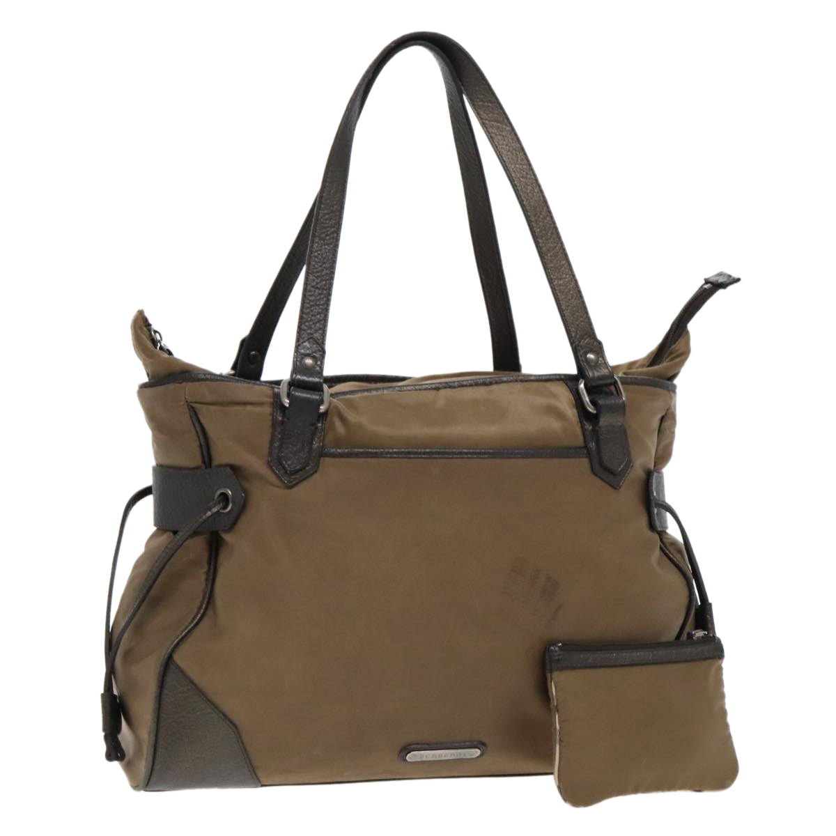 BURBERRY Tote Bag Nylon Leather Brown Dark Brown Silver Auth ti2165