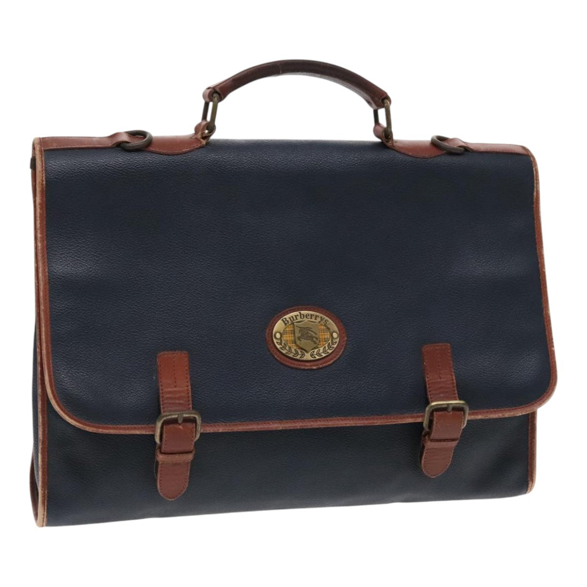 Burberrys Business Bag Leather Navy Brown Auth ti2166