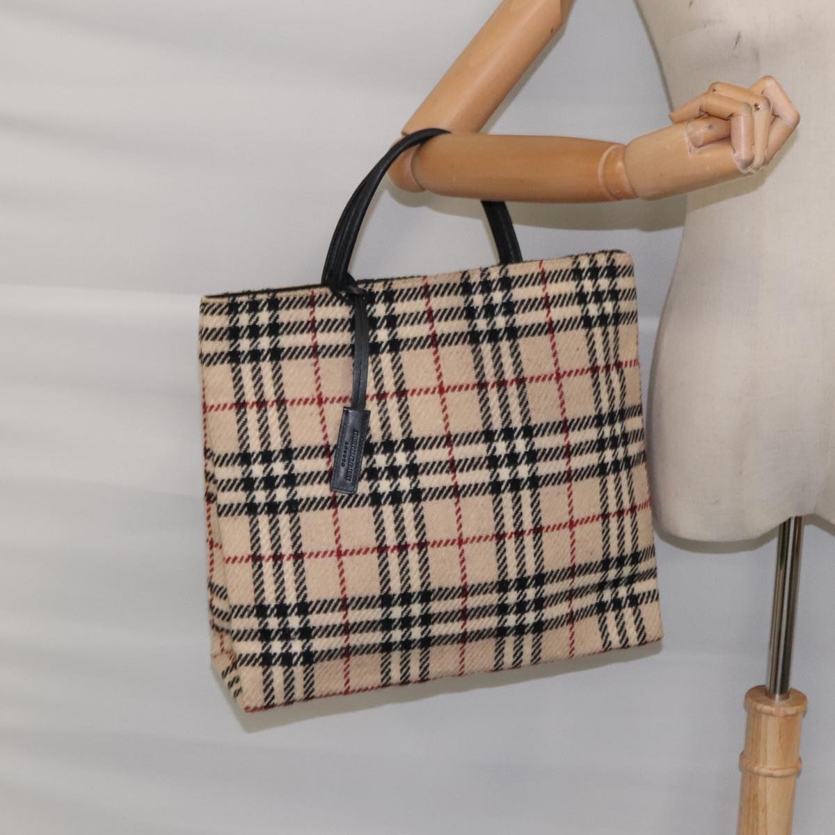 BURBERRY Nova Check Tote Bag Wool Leather Beige Black Auth ti2168