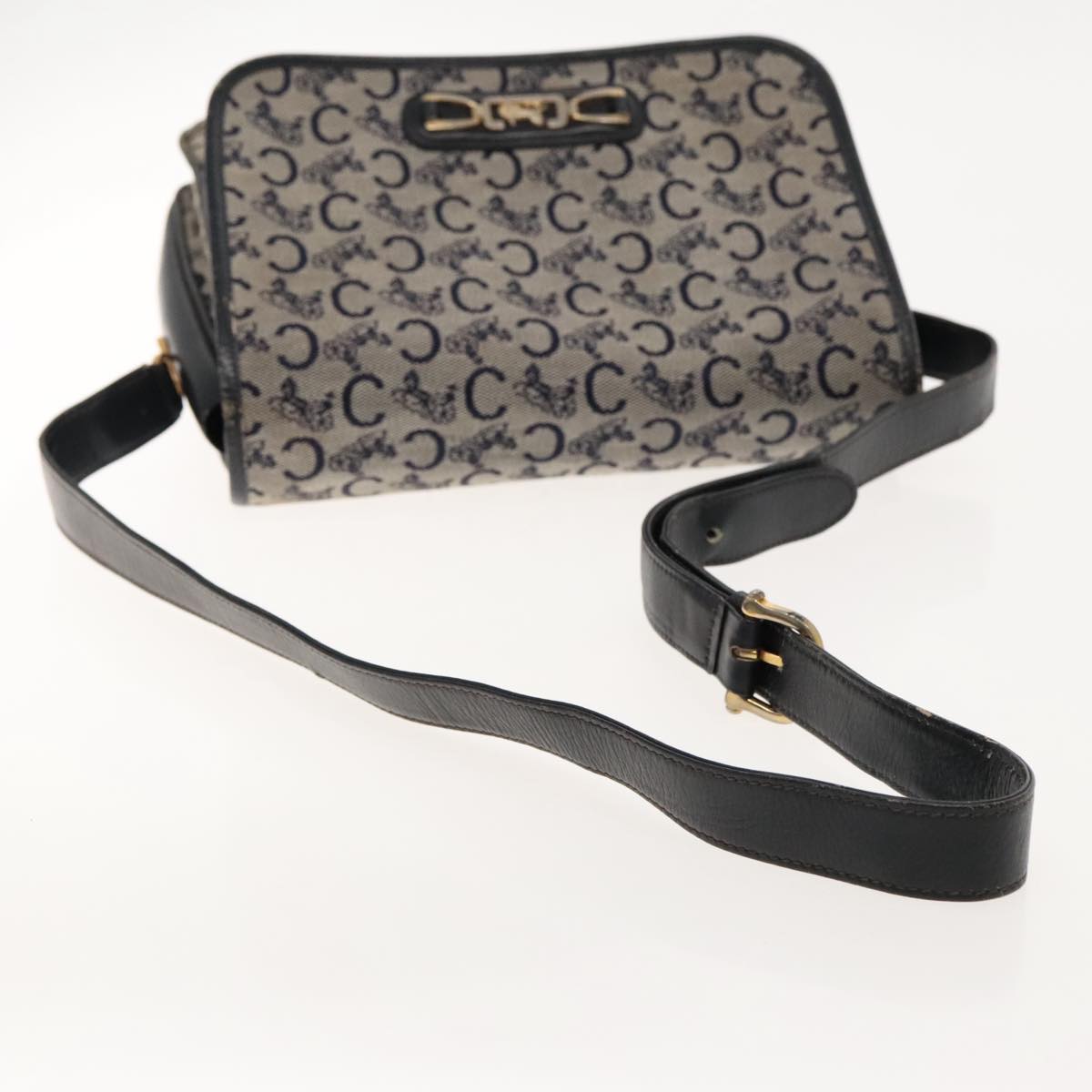 CELINE C Sulky Shoulder Bag Canvas Leather Navy Gold Auth ti2172