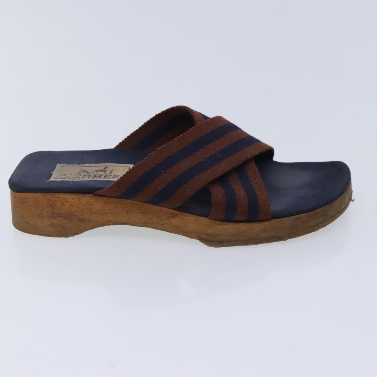 HERMES Sandals Canvas Navy Brown Auth ti2173