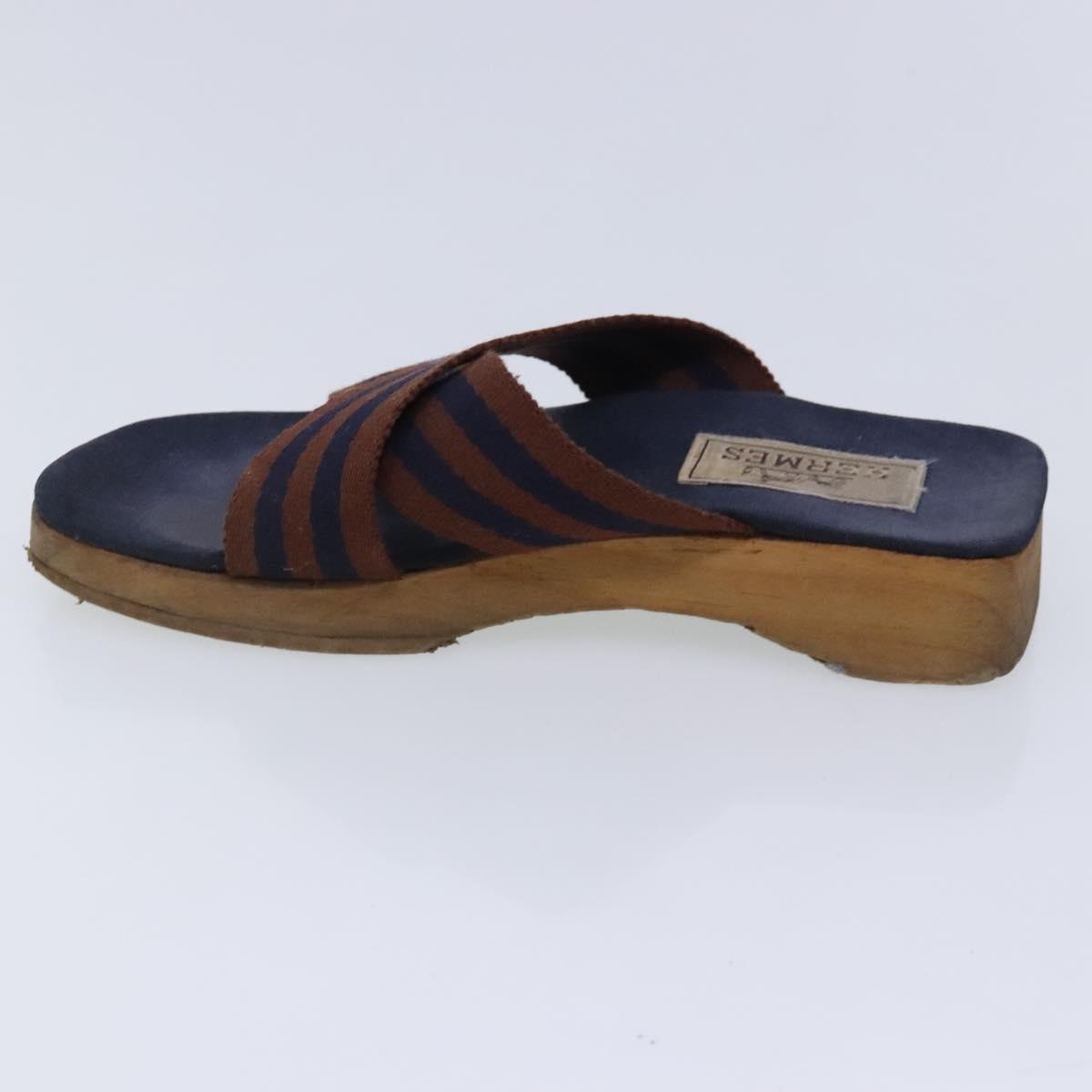 HERMES Sandals Canvas Navy Brown Auth ti2173