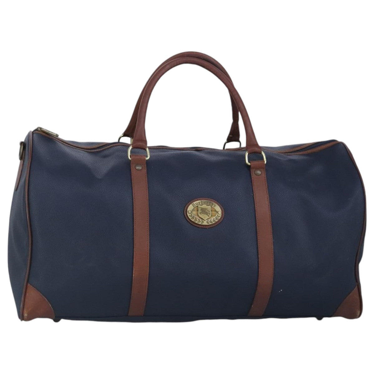 Burberrys Boston Bag PVC Leather Navy Brown Auth ti2197