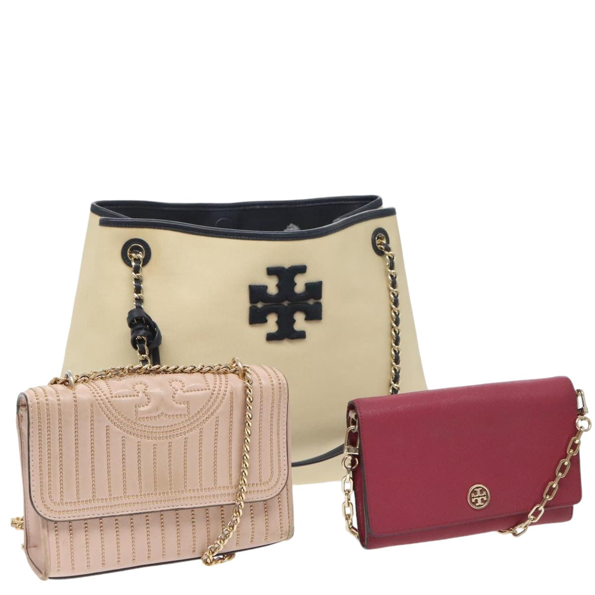 TORY BURCH Chain Shoulder Bag Leather 3Set Pink White wine-red Auth ti2241