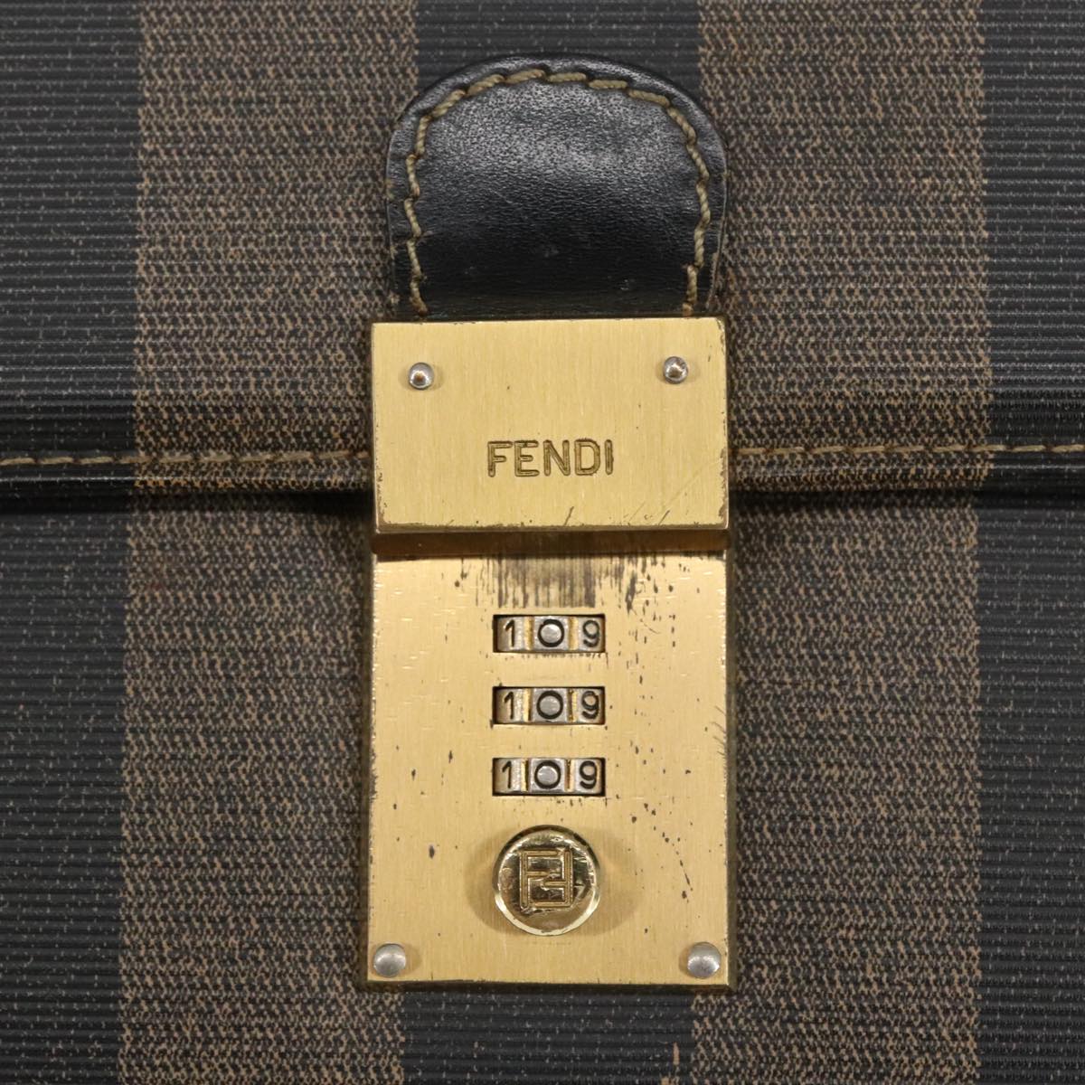 FENDI Pecan Canvas Business Bag PVC Leather Brown Black Gold Auth ti2321