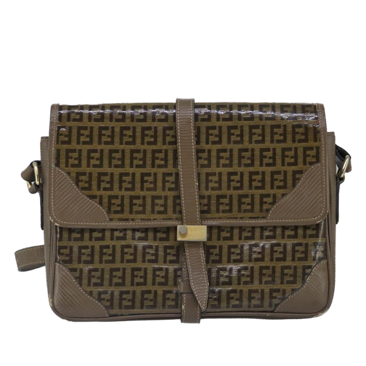 FENDI Zucchino Canvas Shoulder Bag Coated Canvas Brown Auth ti2323