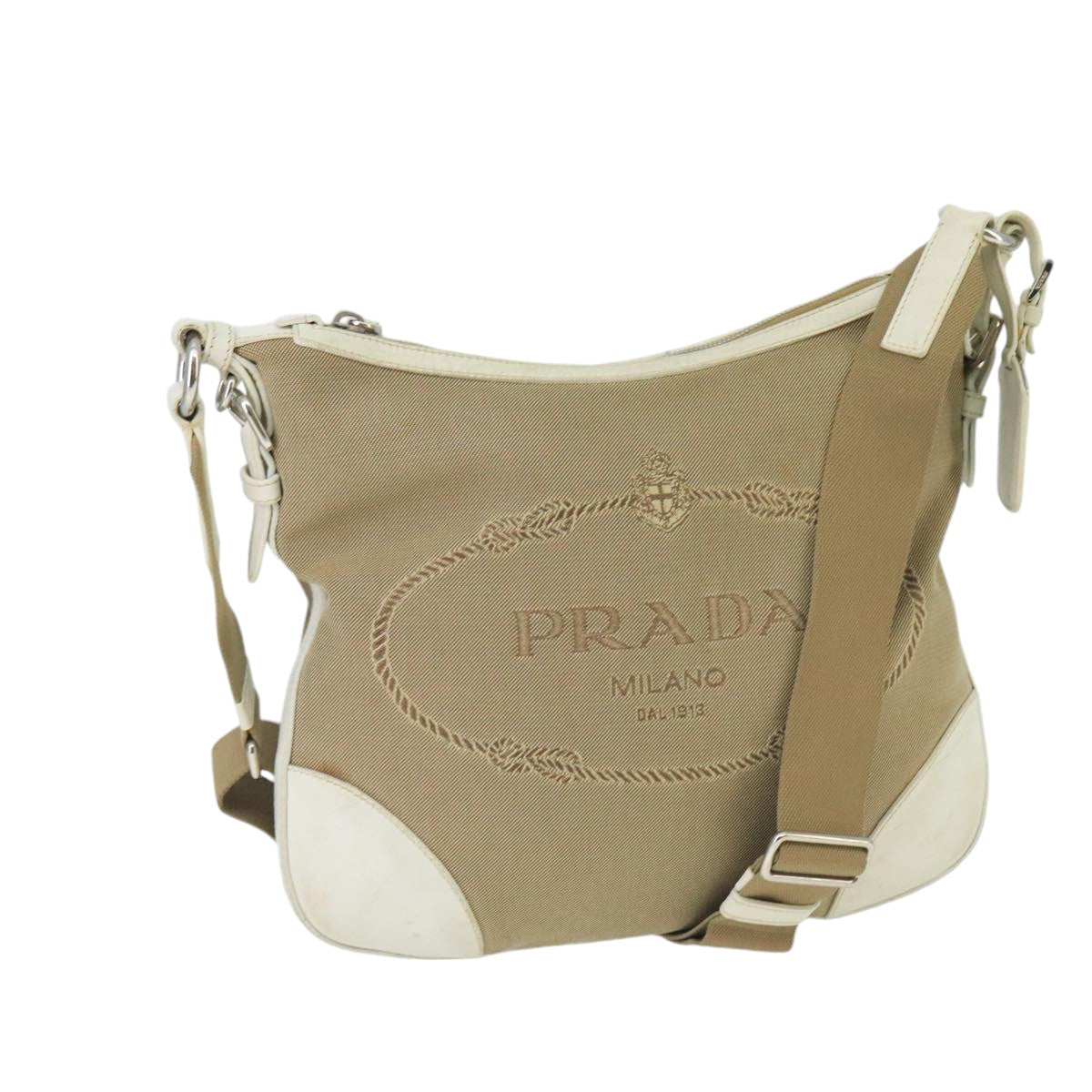 PRADA Shoulder Bag Canvas Leather Beige White Silver Auth ti2326