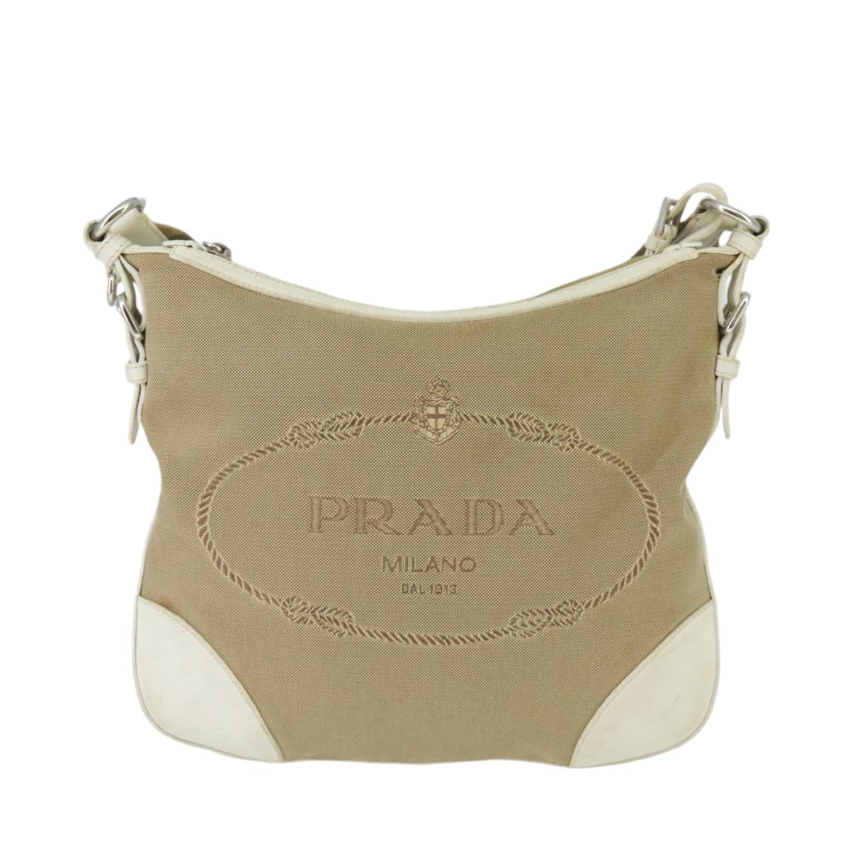 PRADA Shoulder Bag Canvas Leather Beige White Silver Auth ti2326