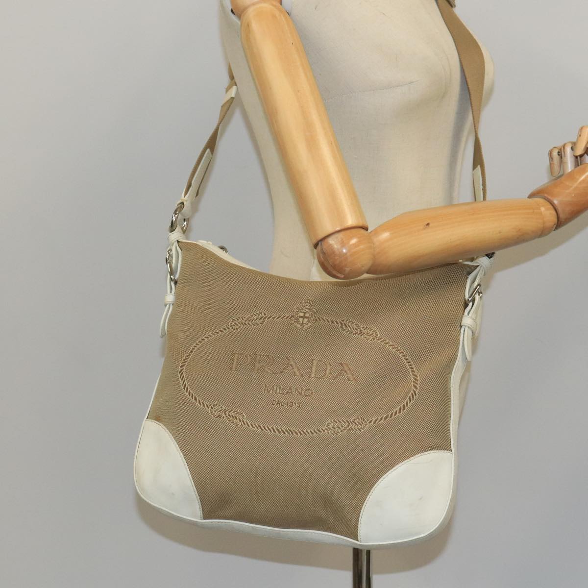 PRADA Shoulder Bag Canvas Leather Beige White Silver Auth ti2326