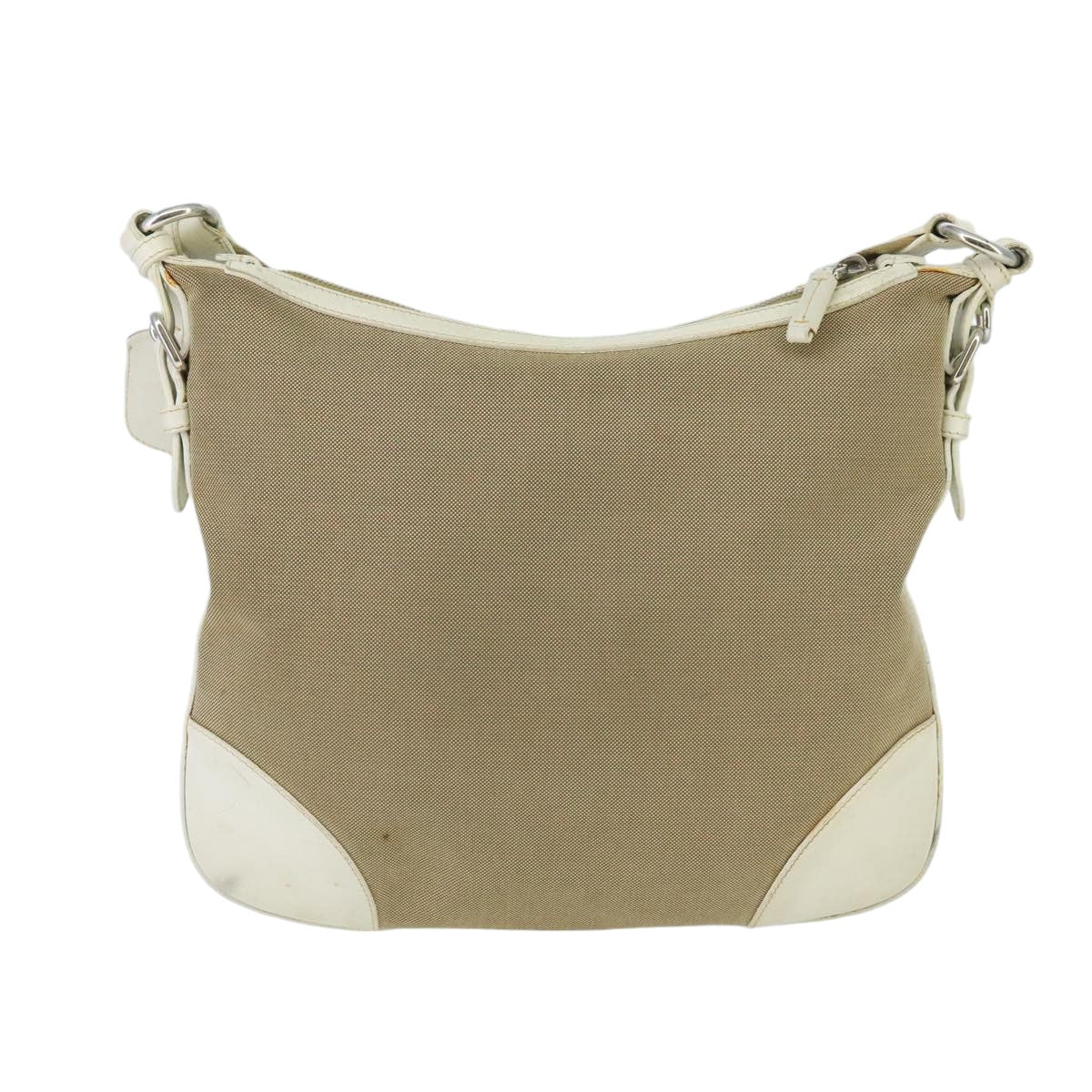 PRADA Shoulder Bag Canvas Leather Beige White Silver Auth ti2326