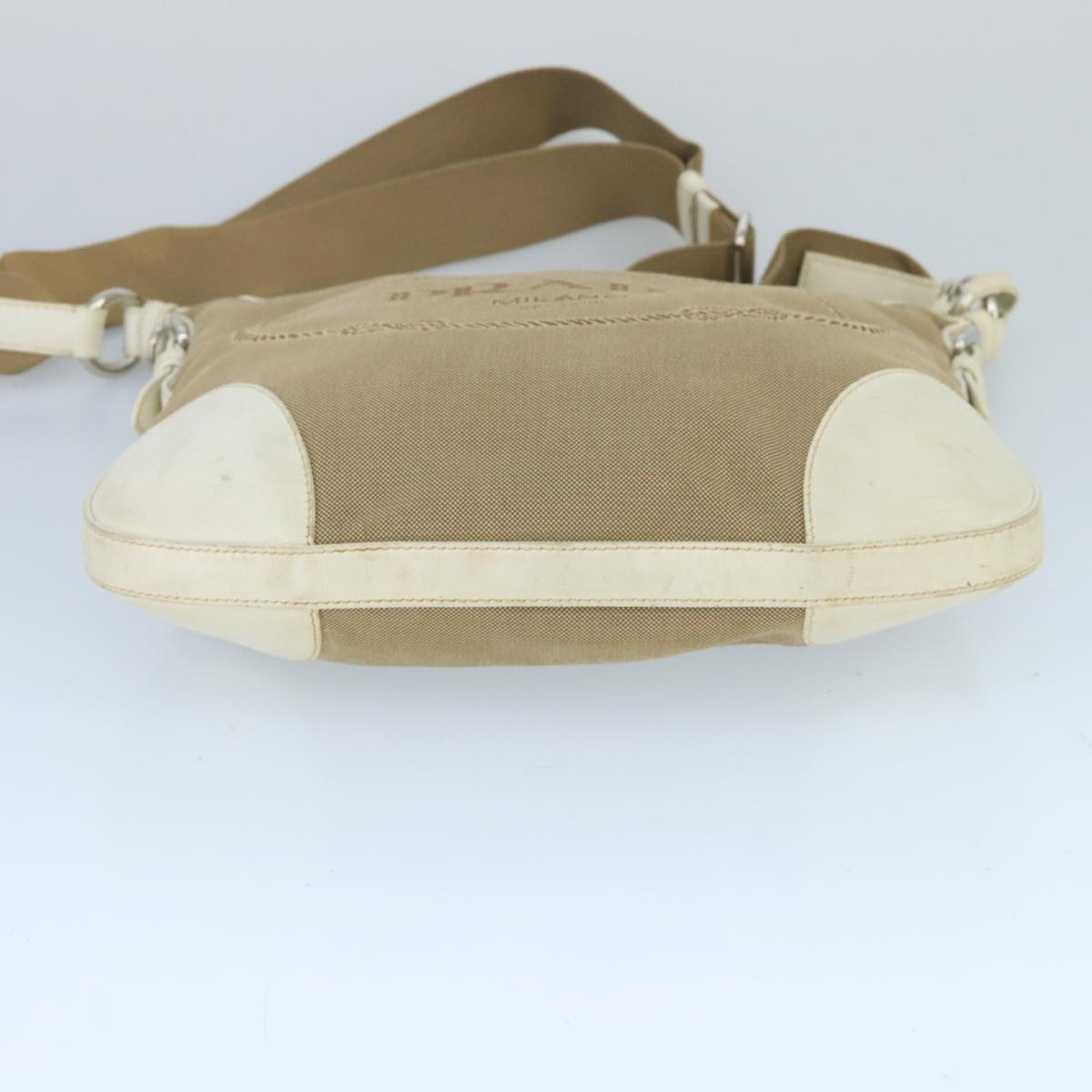 PRADA Shoulder Bag Canvas Leather Beige White Silver Auth ti2326