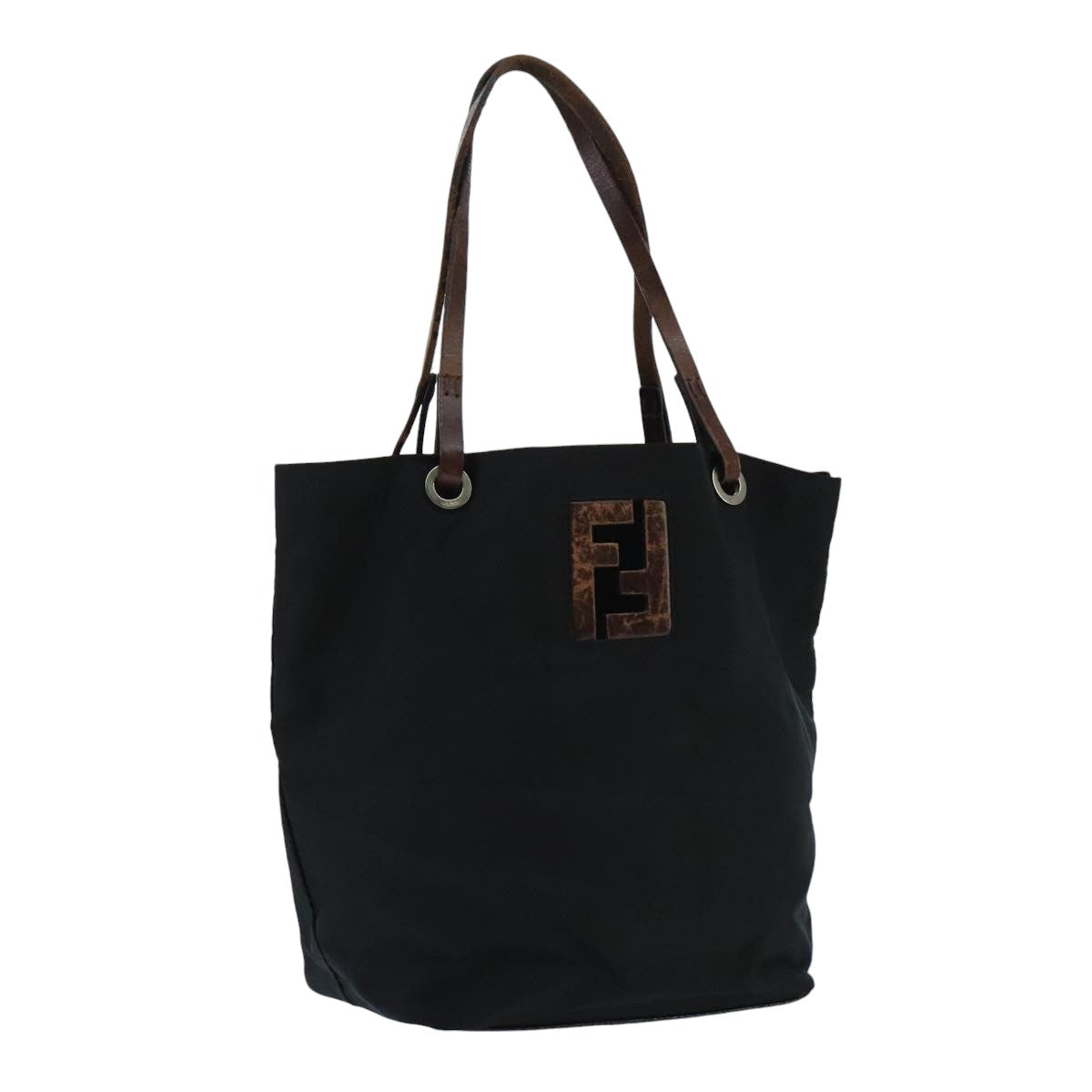 FENDI Hand Bag Nylon Leather Black Brown Silver Auth ti2337