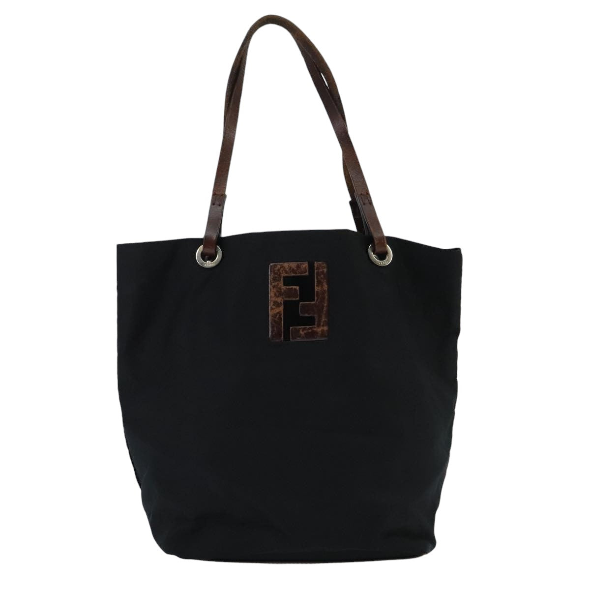 FENDI Hand Bag Nylon Leather Black Brown Silver Auth ti2337